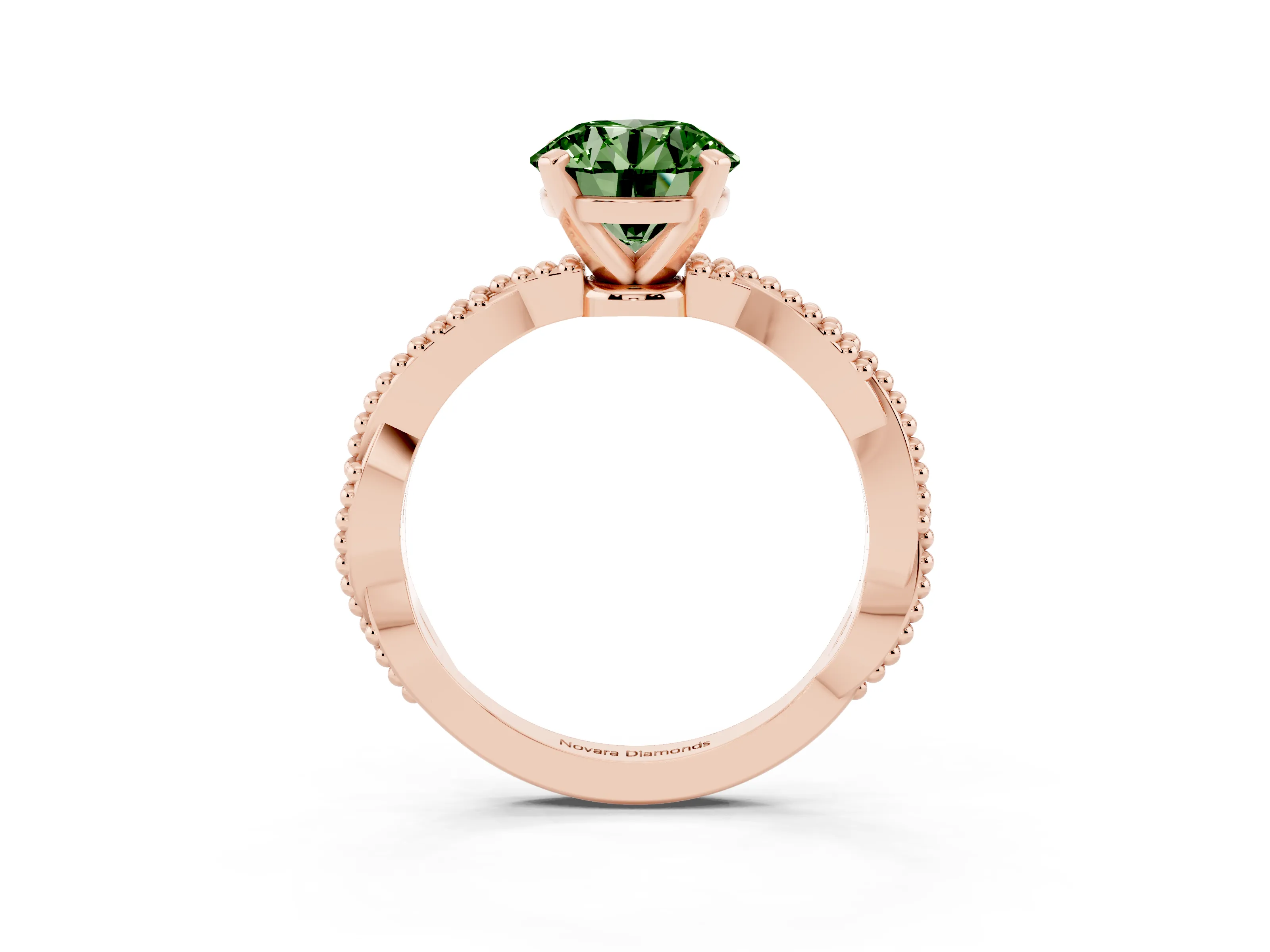 Fancy Green Round Cut Diamond Solitaire Ring Set in Rose gold with Twisted Band and Bead Prong Setting