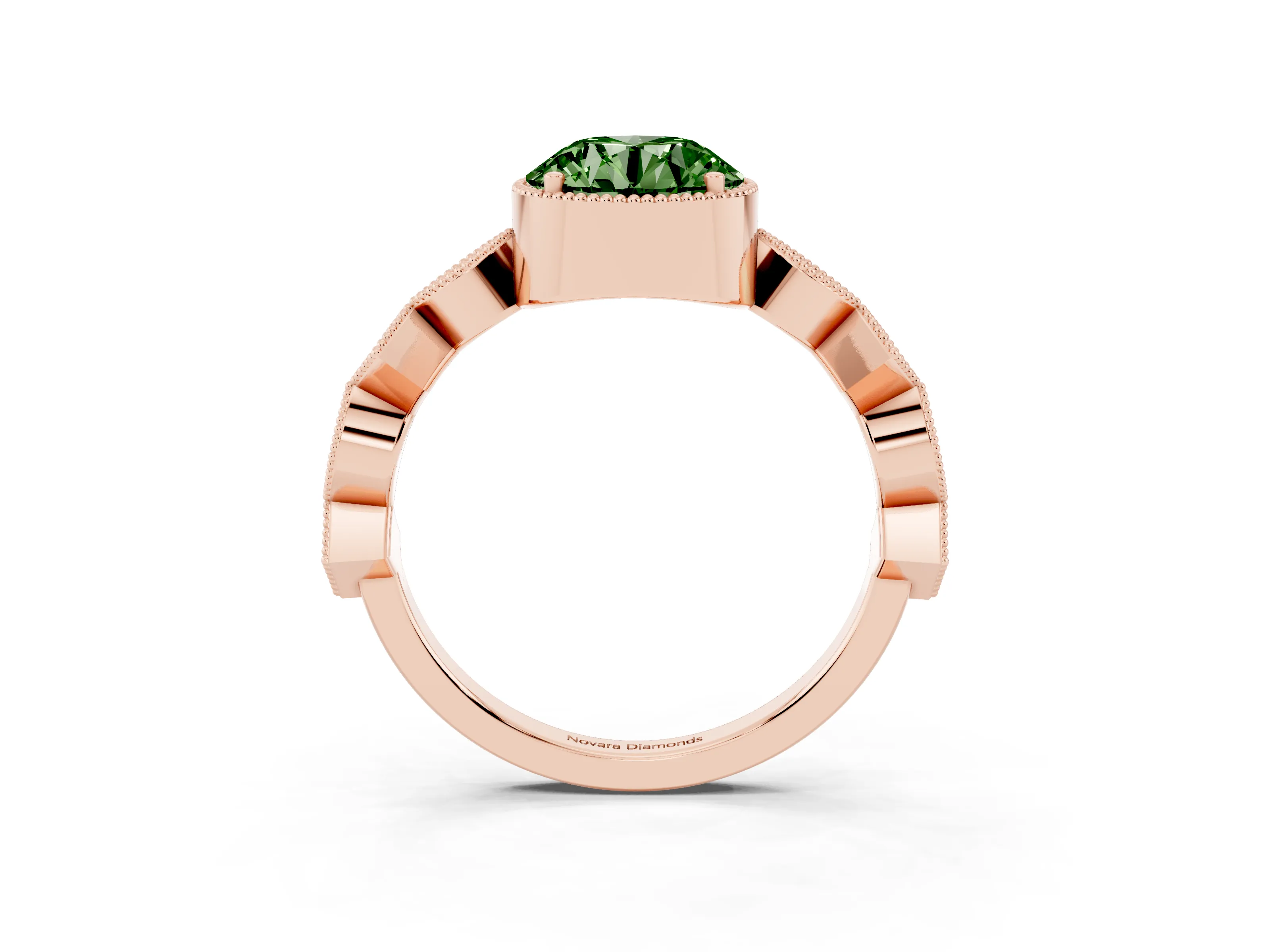 Fancy Green Round Cut Diamond Milgrain Marquise Twist Band Ring Set in Rose gold with Prong Setting
