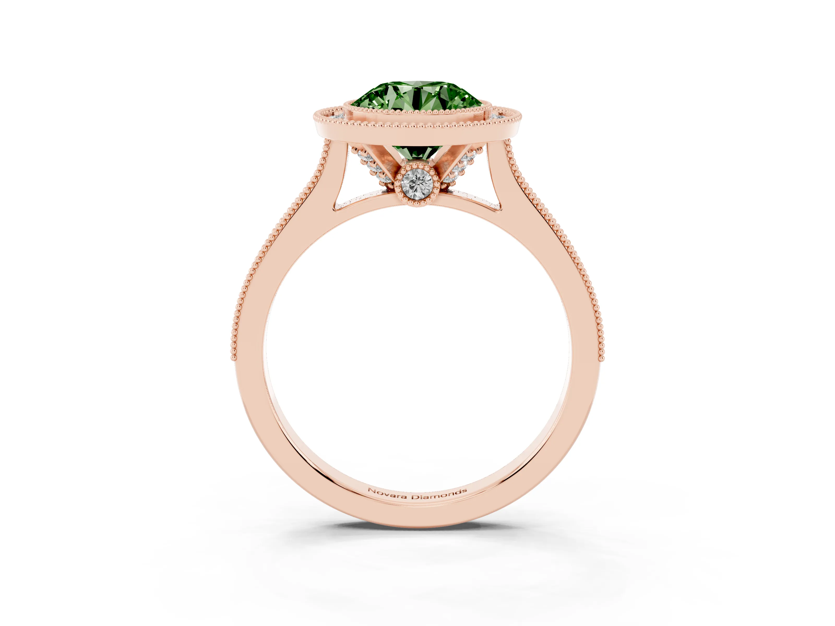 Fancy Green Round Cut Diamond Halo Milgrain Pavé Band Ring Set in Rose gold with Prong Setting