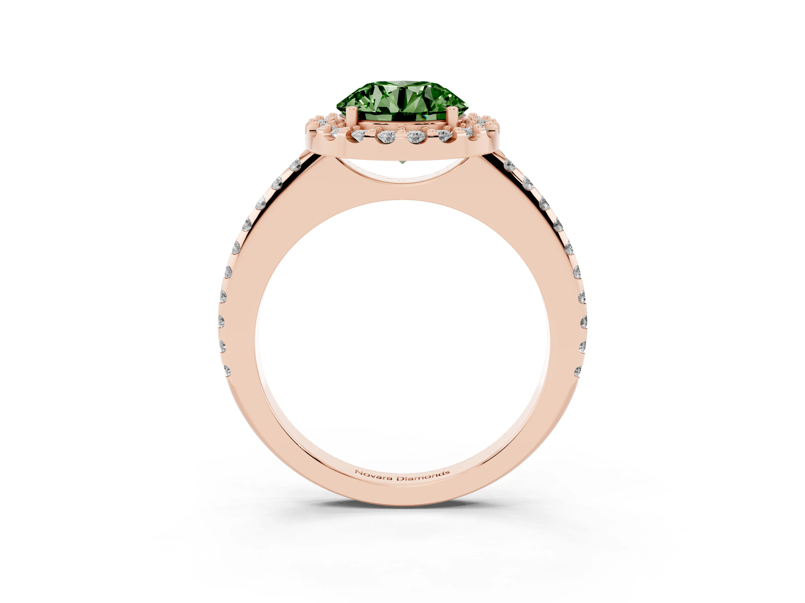 Round Pave Halo Engagement Ring Setting for a Fancy Green Lab-Grown Diamond | Pave Band | Rose Gold