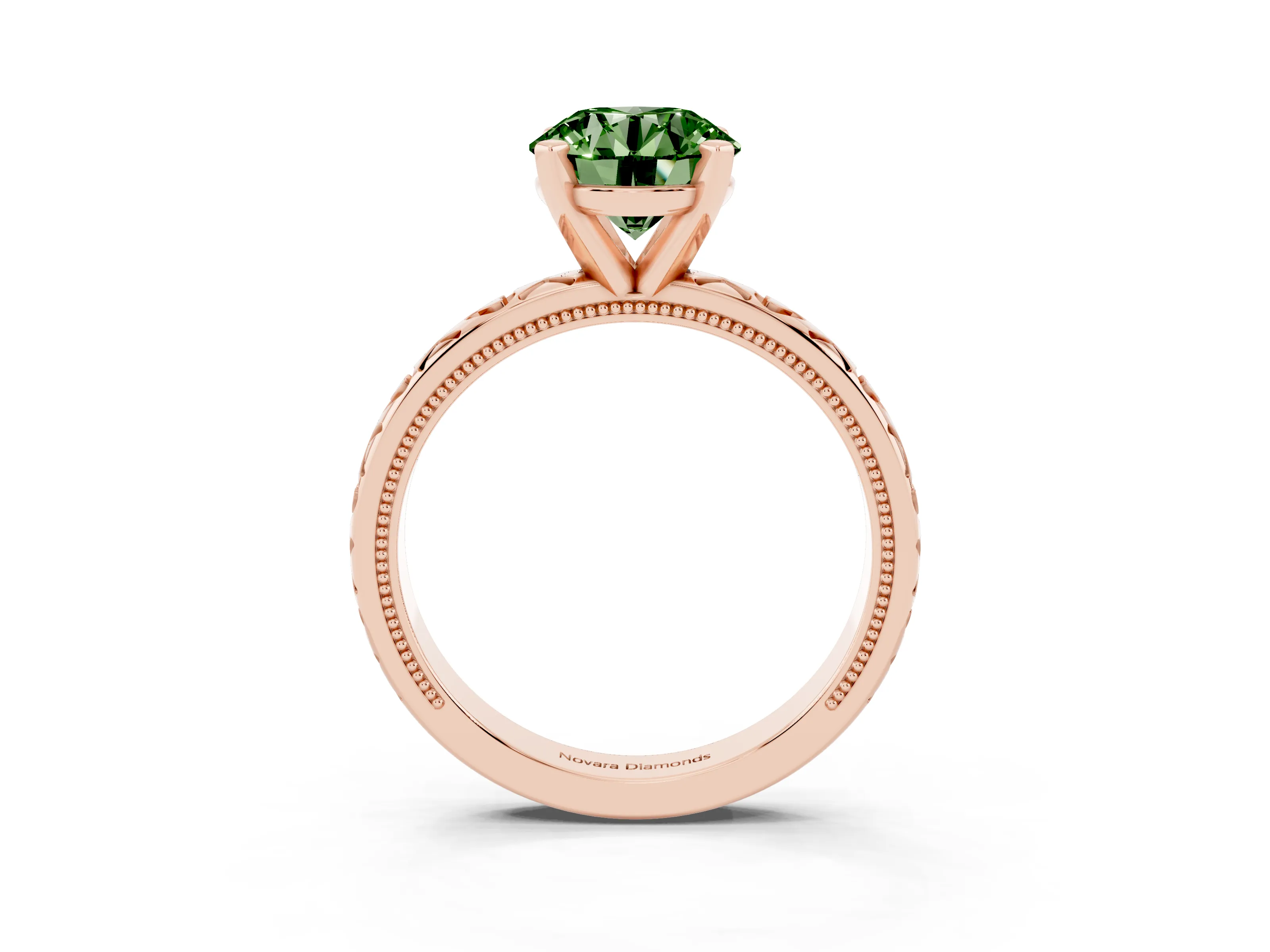 Fancy Green Round Cut Diamond Solitaire Engagement Ring Set in Rose gold with XO Engraved Band and Prong Setting