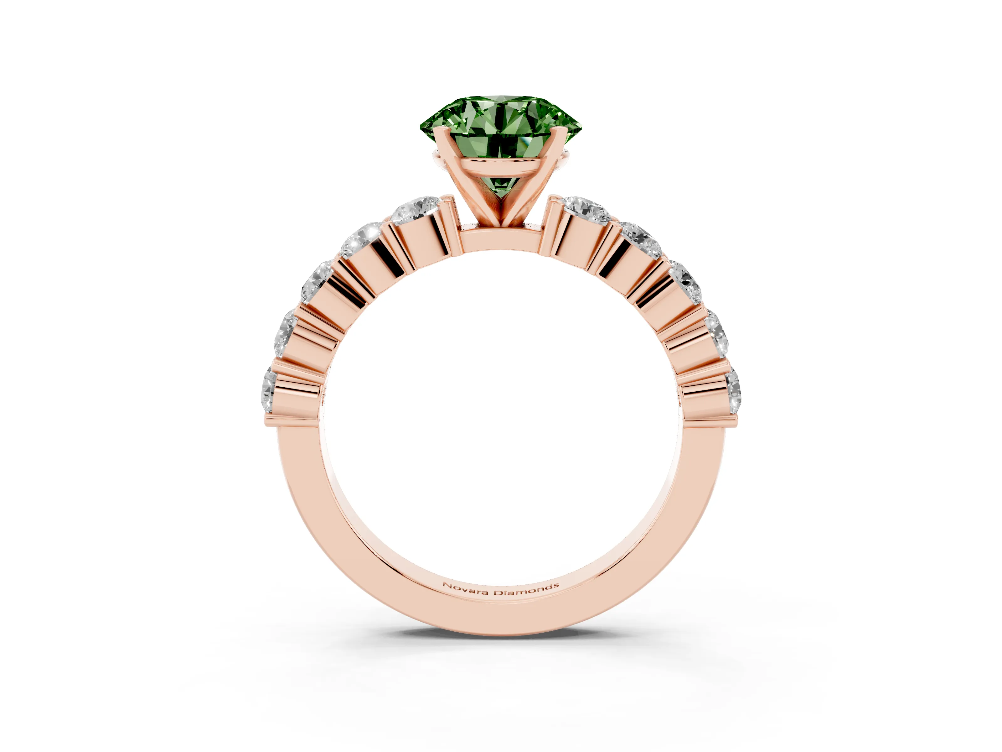 Fancy Green Round Cut Diamond Solitaire Ring Set in Rose gold with Shared Prong Round Side Stones