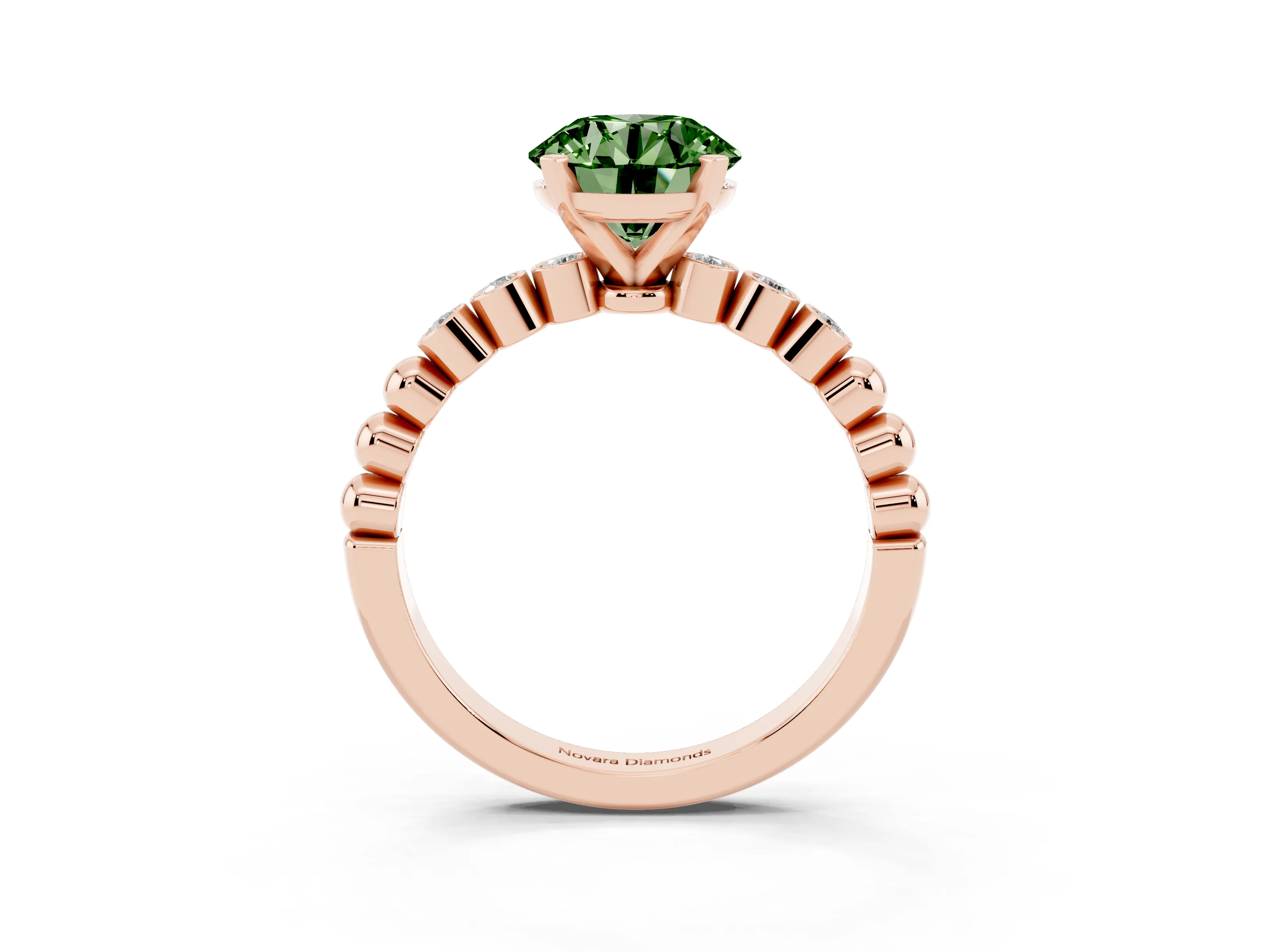 Fancy Green Round Cut Diamond Solitaire Engagement Ring Set in Rose gold with Bezel Accents on Beaded Band