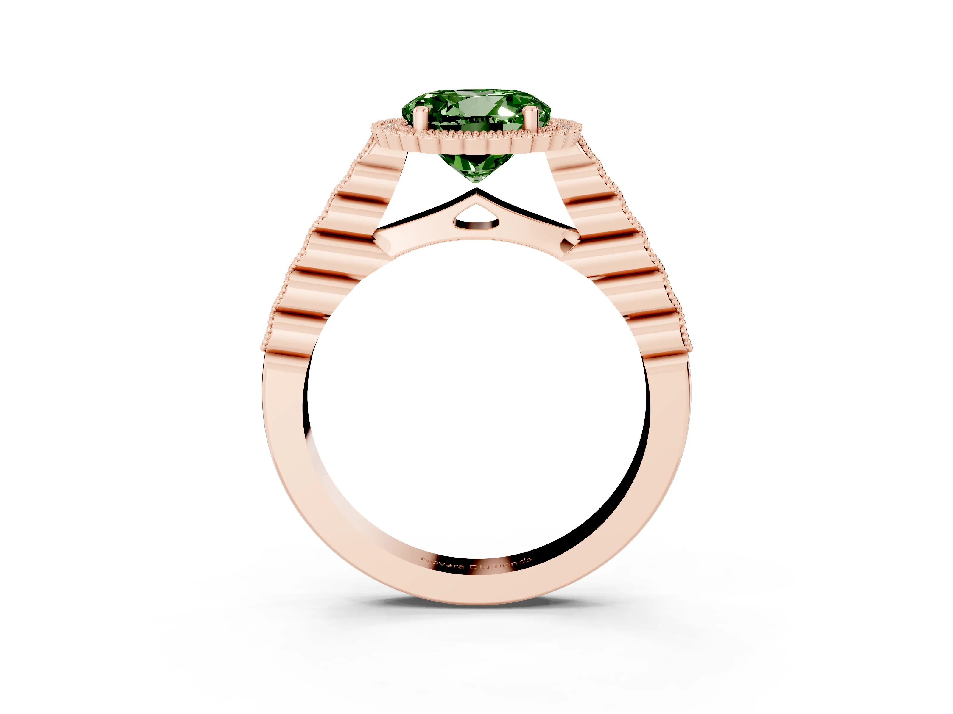 Fancy Green Round Cut Diamond Halo Ring Set in Rose gold with Pavé Milgrain Band