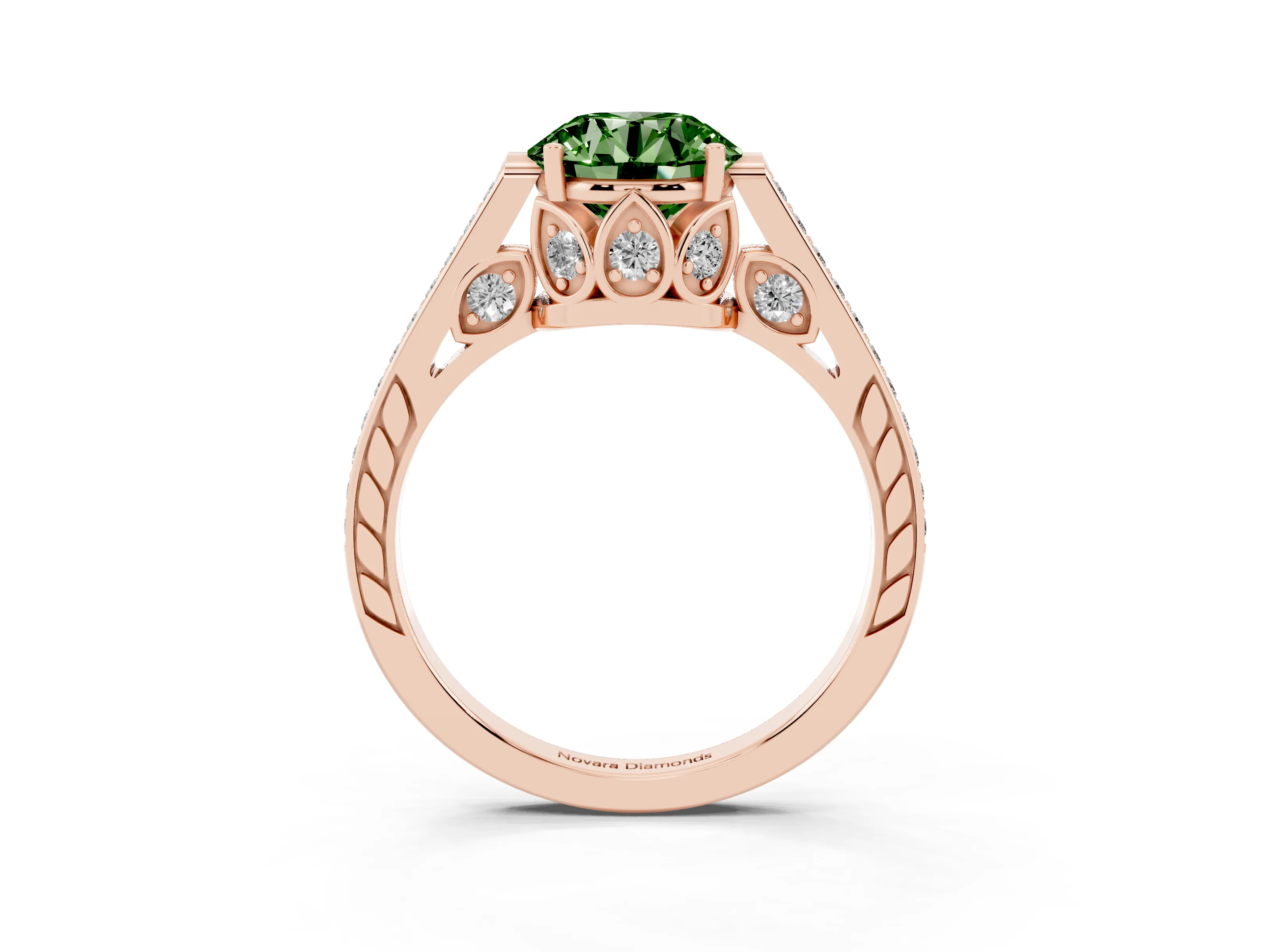 Fancy Green Round Cut Diamond Cathedral Pavé Engagement Ring Set in Rose gold with Prong Setting