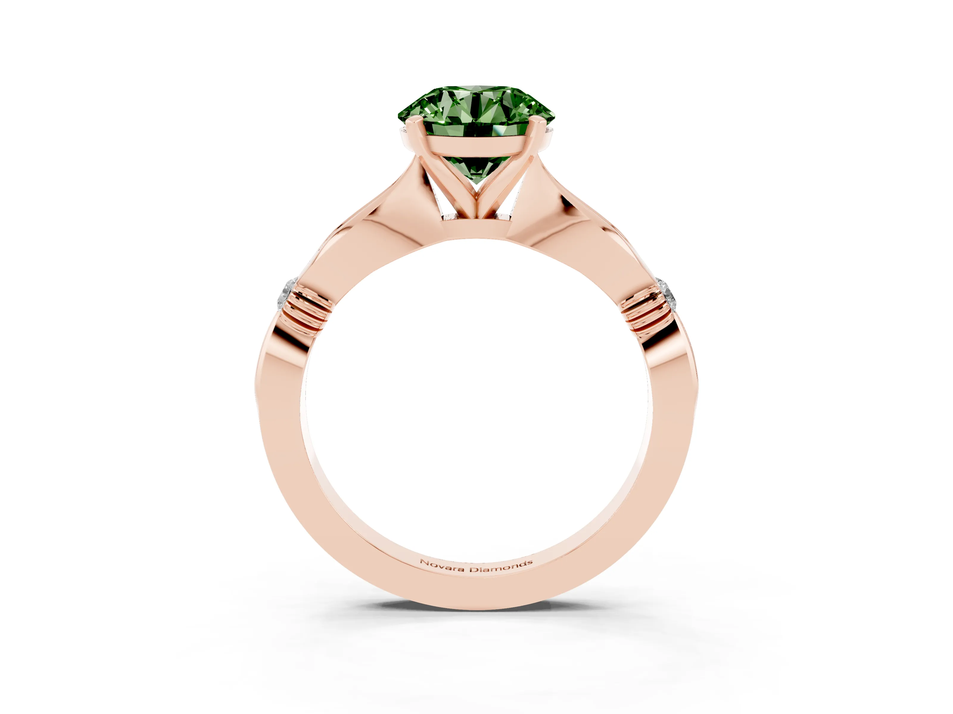 Fancy Green Round Cut Diamond Solitaire Twisted Band Ring Set in Rose gold with Accent Stones and Prong Setting