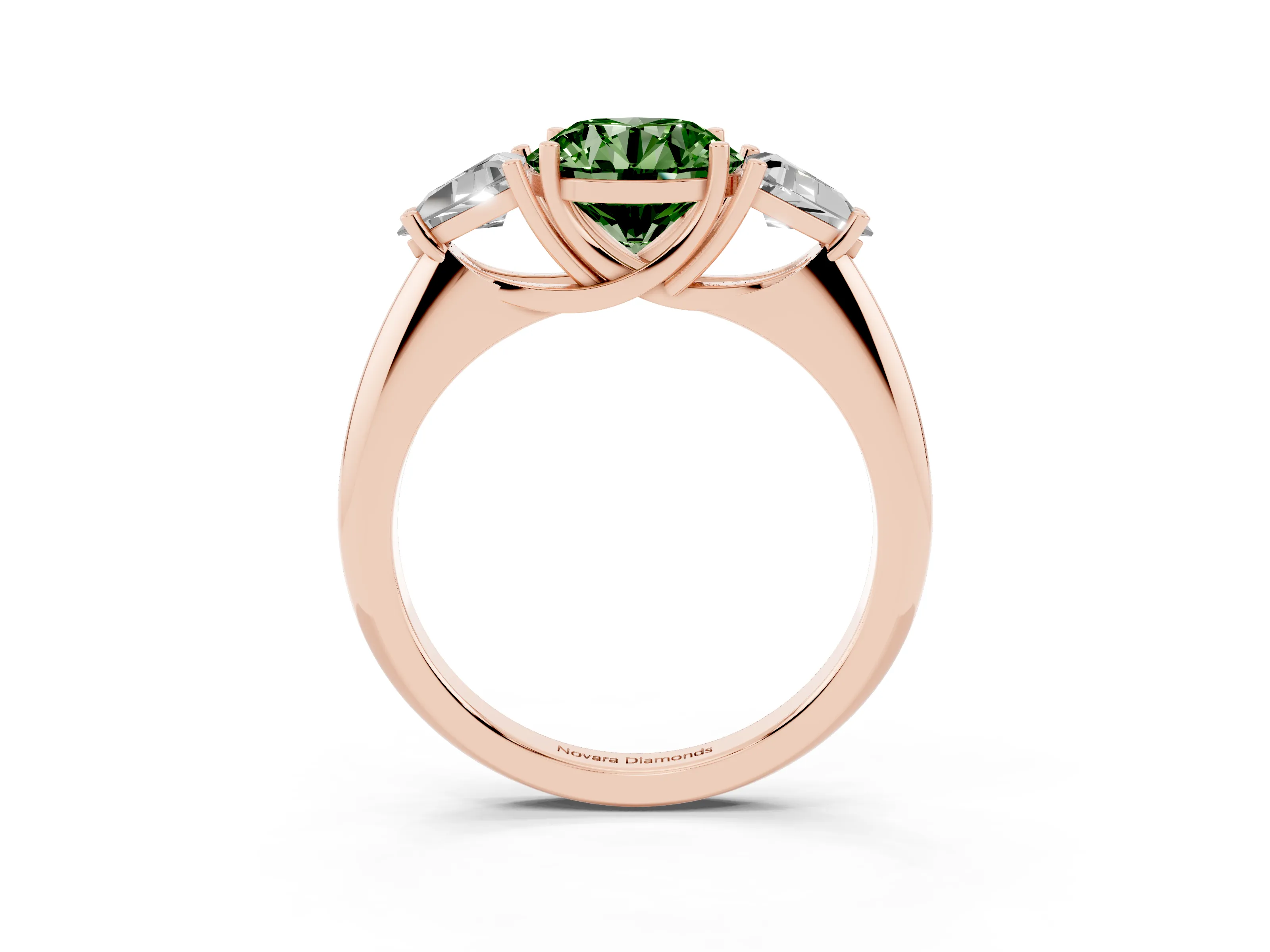 Fancy Green Round Cut Diamond Three-Stone Engagement Ring Set in Rose gold with Trillion Side Stones