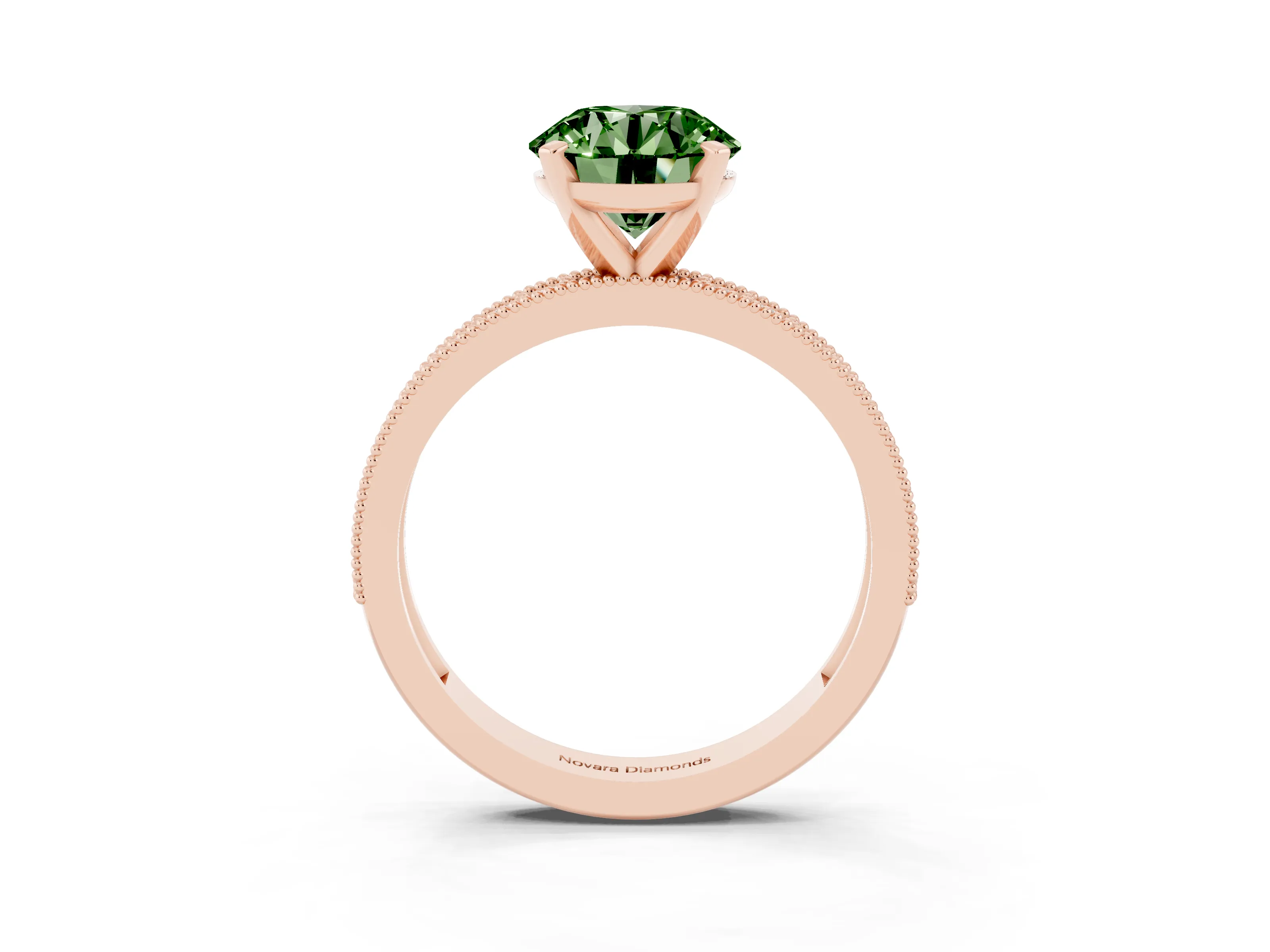 Fancy Green Round Cut Diamond Milgrain Pavé Engagement Ring Set in Rose gold with Prong Setting