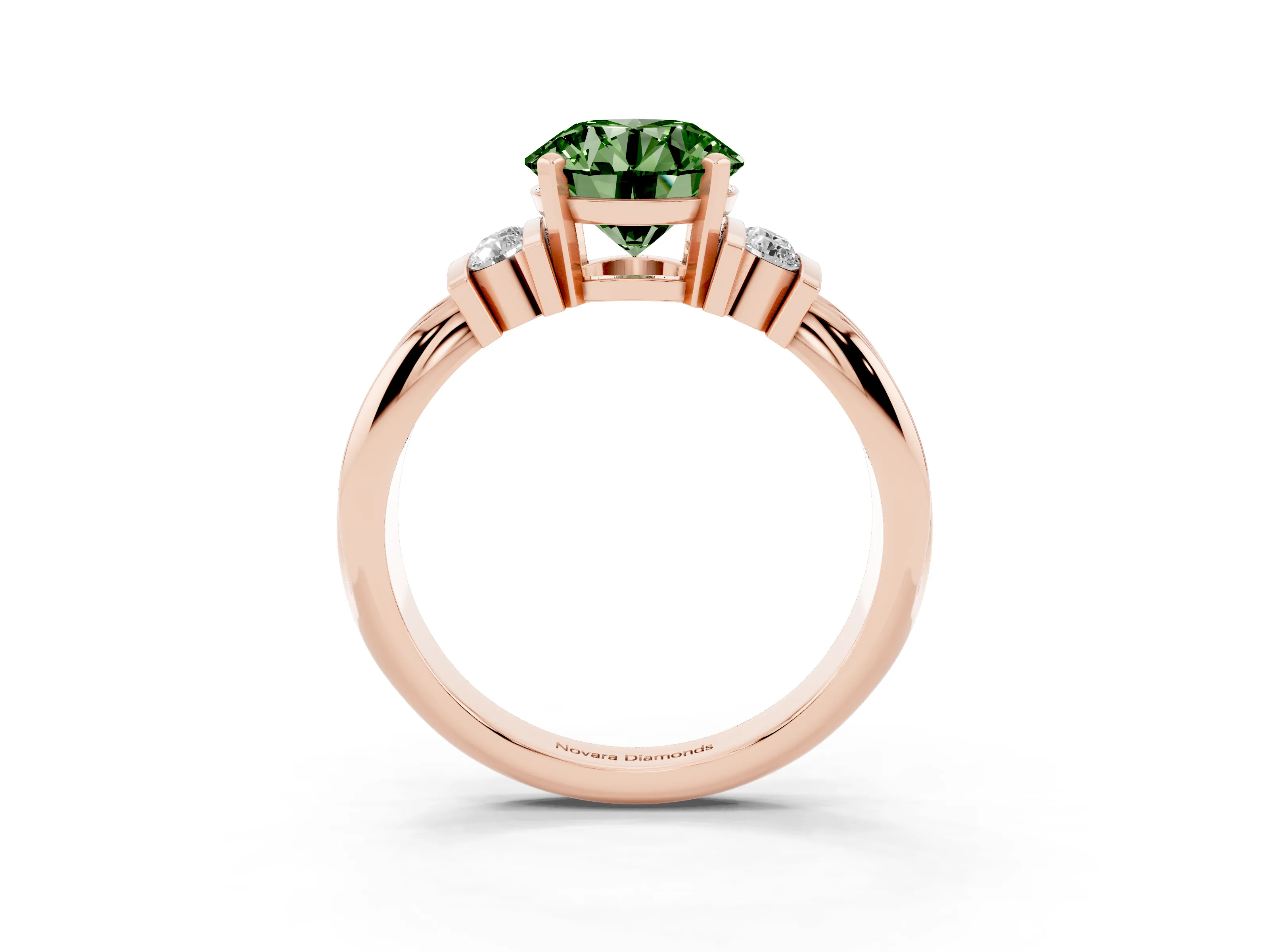 Fancy Green Three-Stone Round Cut Diamond Channel Set Ring Set in Rose gold with Bar Prongs