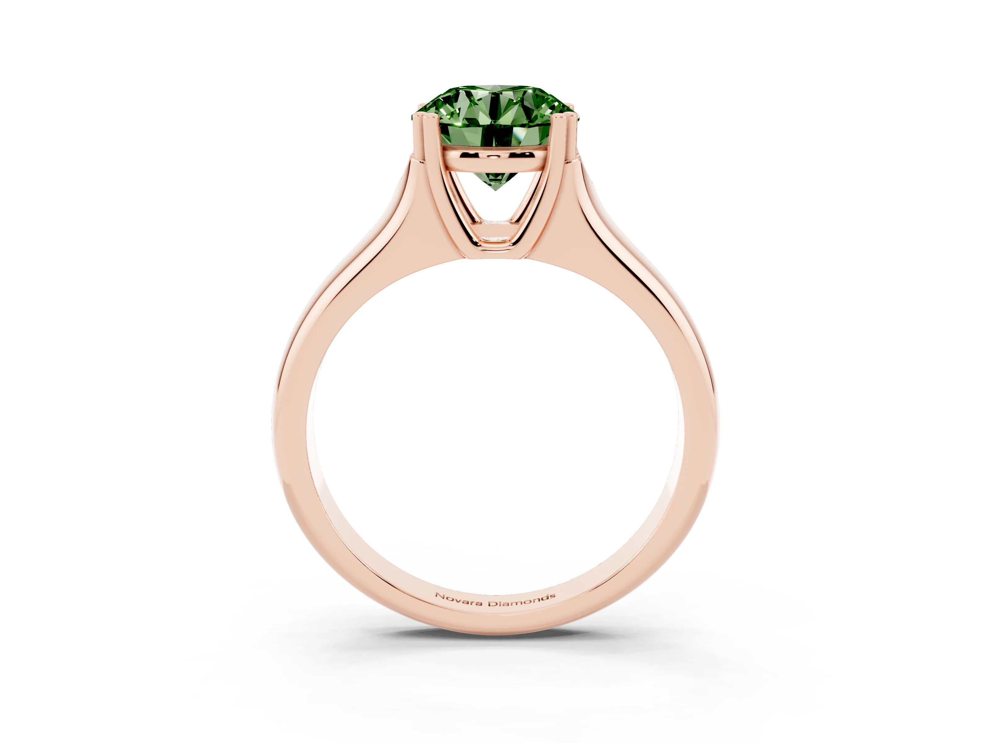 Fancy Green Round Cut Diamond Solitaire Ring Set in Rose gold with Wide Band and Prong Setting