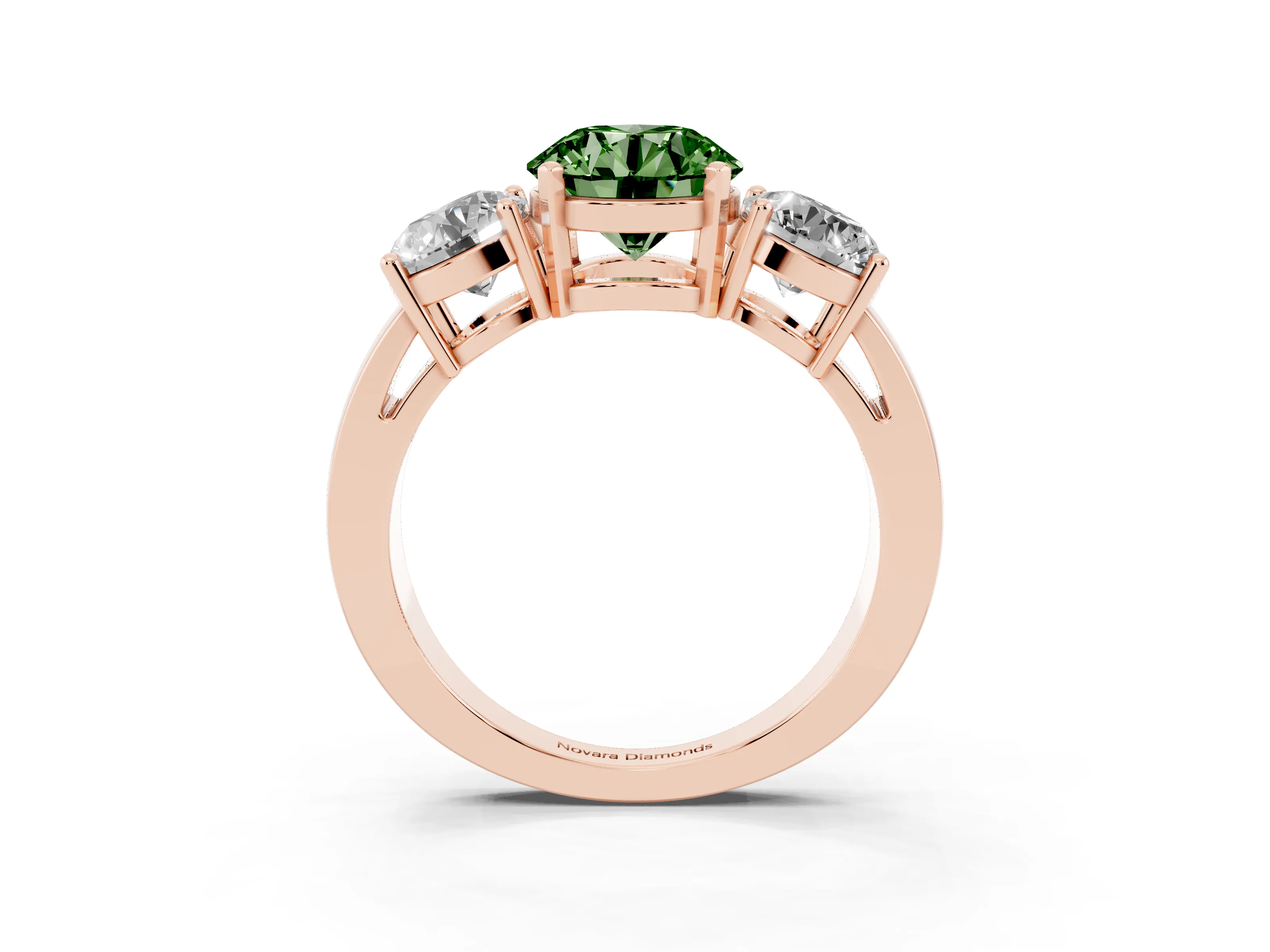 Fancy Green Round Cut Diamond Three-Stone Ring Set in Rose gold with Round Side Stones and Classic Band