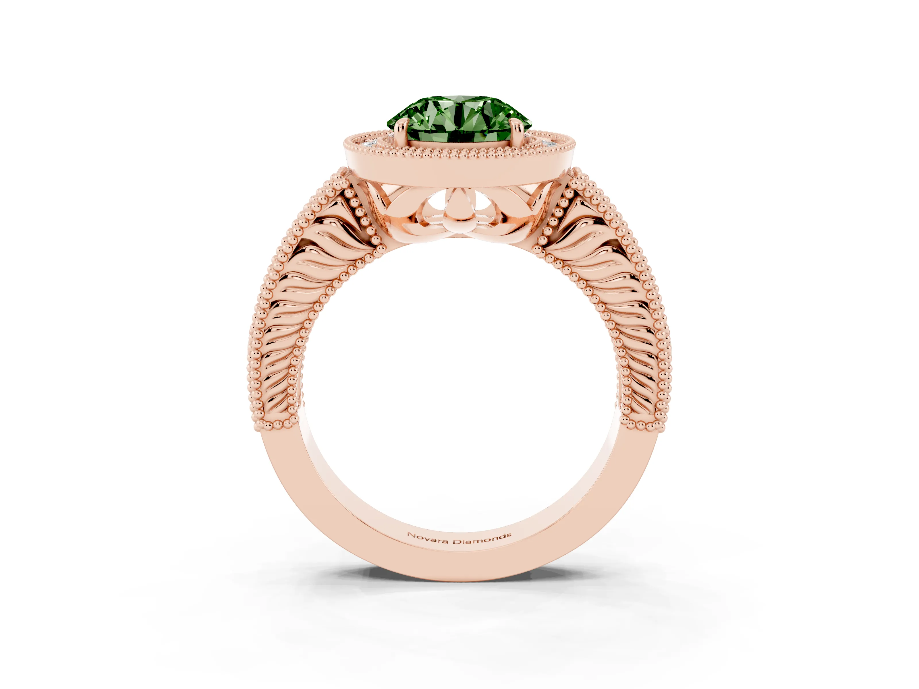 Fancy Green Round Cut Diamond Halo Ring Set in Rose gold with Round Accent Halo, Pavé Band and Prong Setting