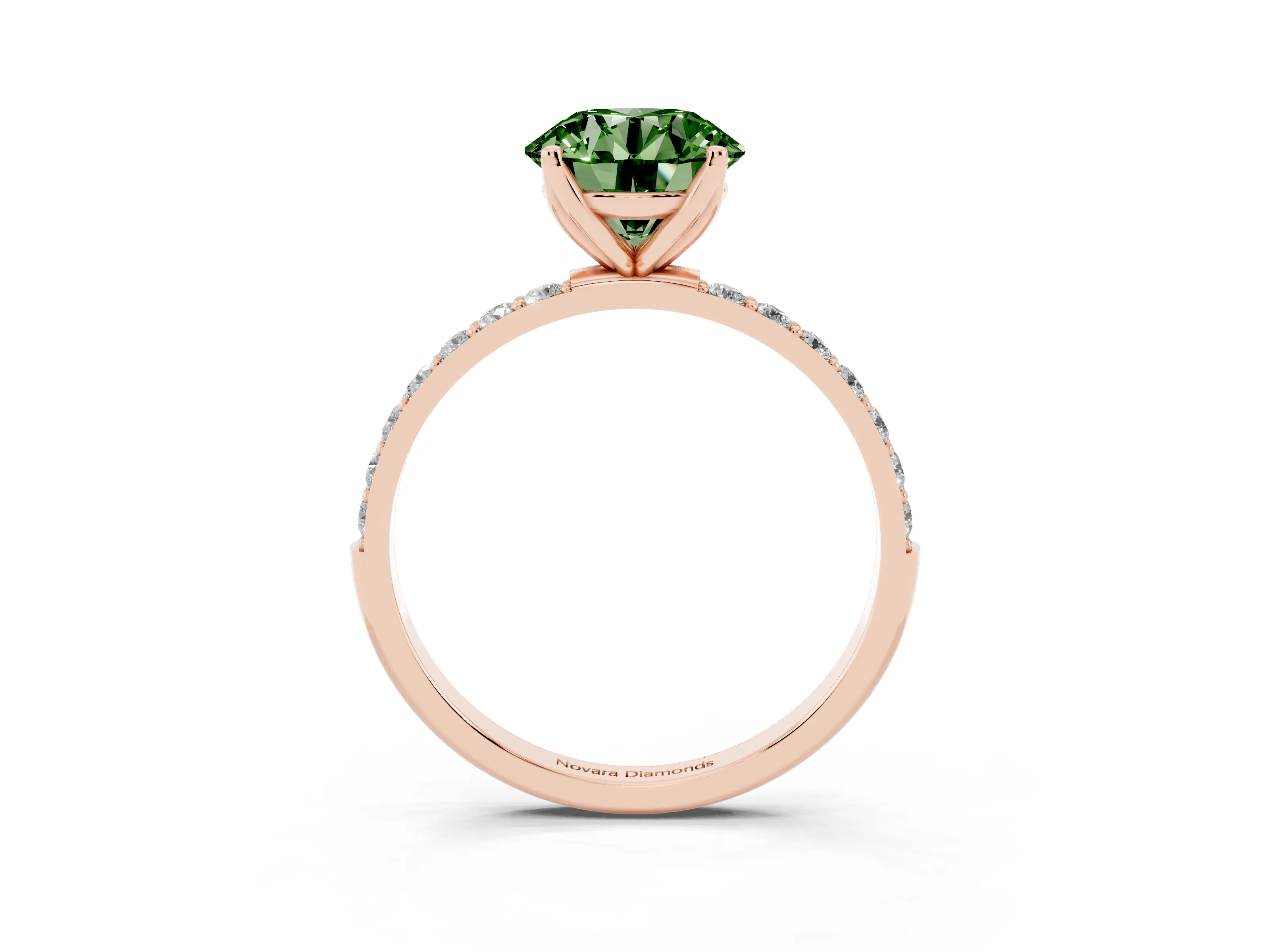 Fancy Green Round Cut Diamond Solitaire Engagement Ring Set in Rose gold with Round Pavé Band and Prong Setting