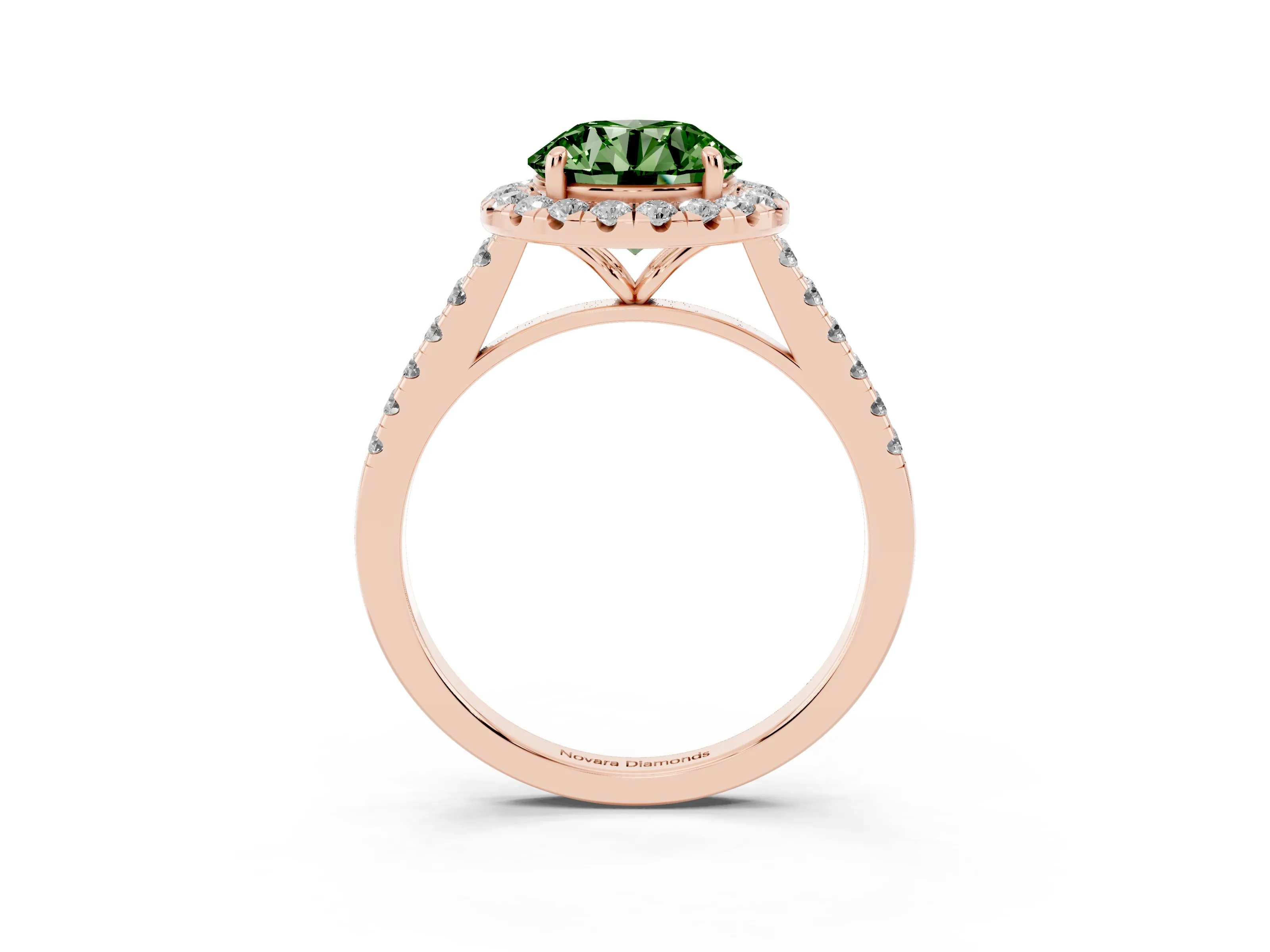 Fancy Green Round Cut Diamond Halo Pavé Engagement Ring Set in Rose gold with Prong Setting