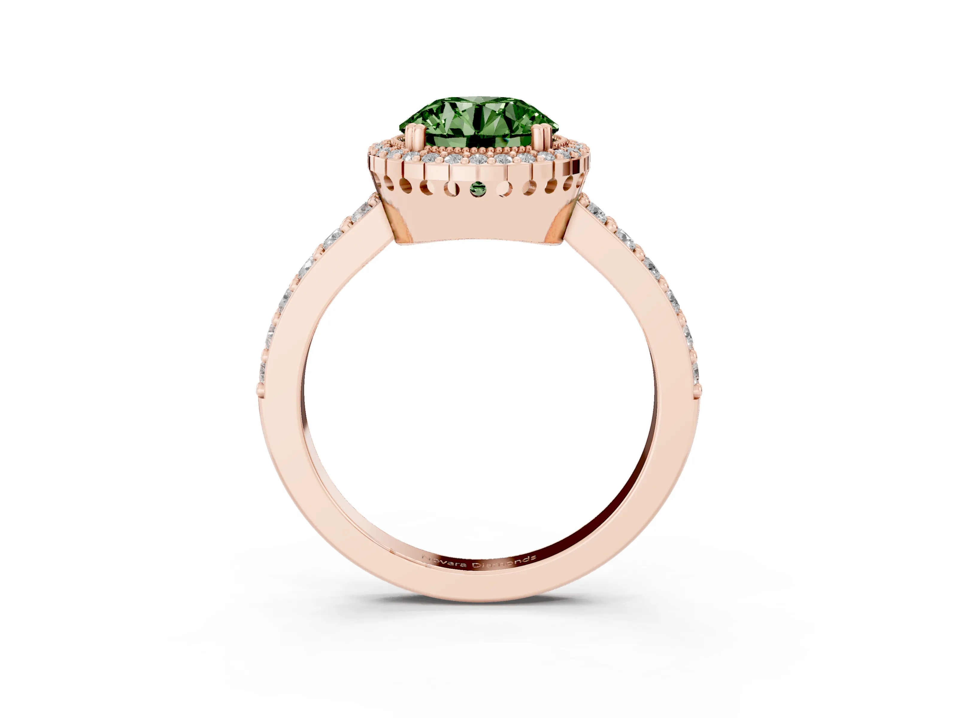 Fancy Green Round Cut Diamond Halo Engagement Ring Set in Rose gold with Milgrain Detail and Pavé Band