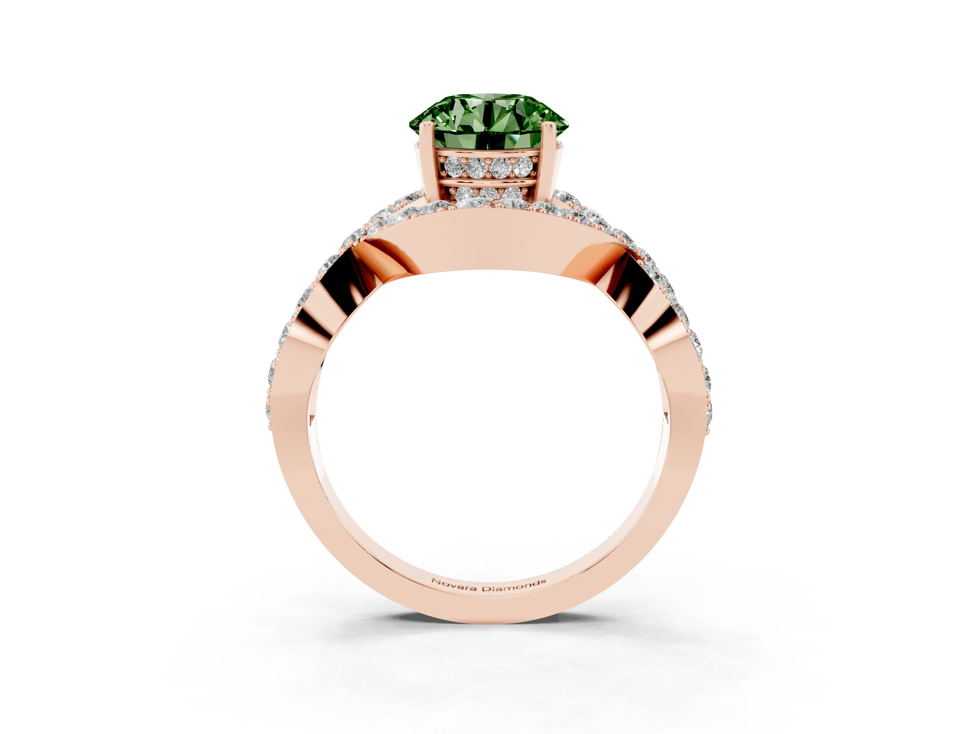 Fancy Green Round Cut Diamond Solitaire Twist Band Pavé Engagement Ring Set in Rose gold