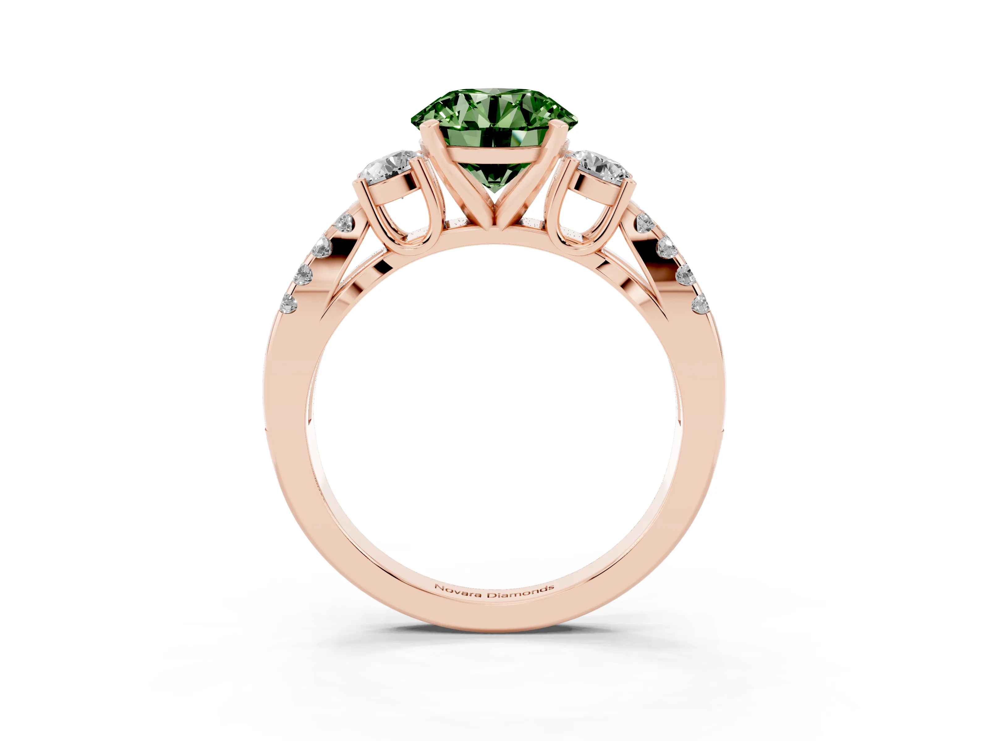 Fancy Green Round Cut Diamond Three-Stone Ring Set in Rose gold with Pavé Split Shank and Prong Setting
