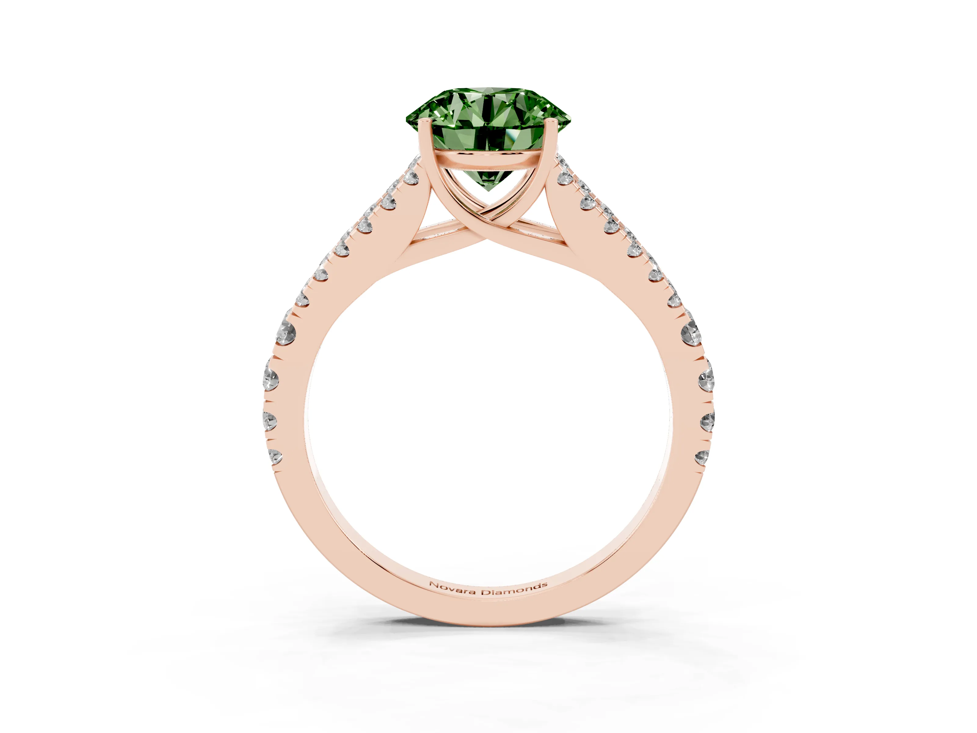 Fancy Green Round Cut Diamond Split Shank Pavé Engagement Ring Set in Rose gold with Prong-Held Center Stone