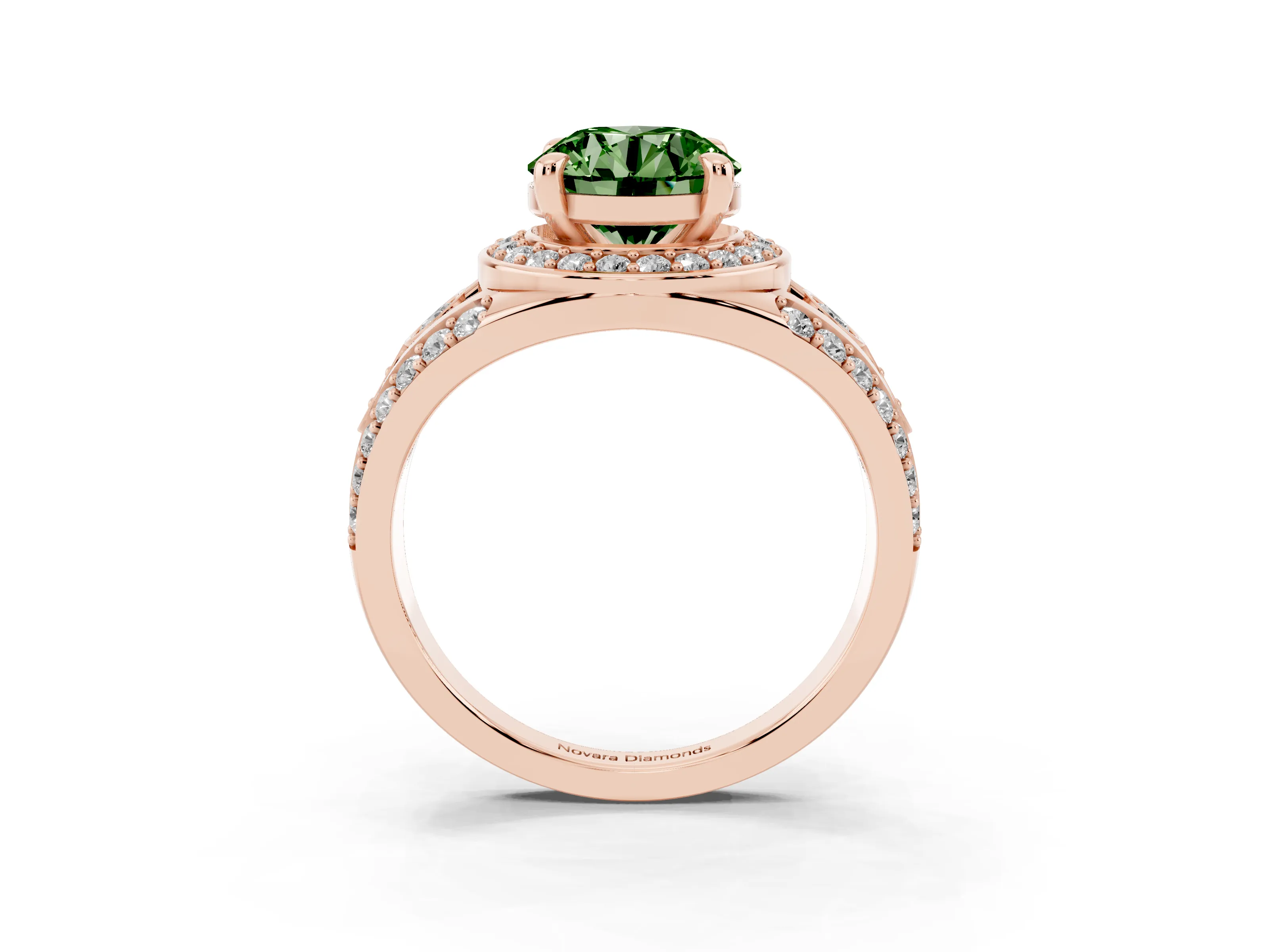 Fancy Green Round Cut Diamond Halo Ring Set in Rose gold with Pavé Split Shank and Bezel Accents
