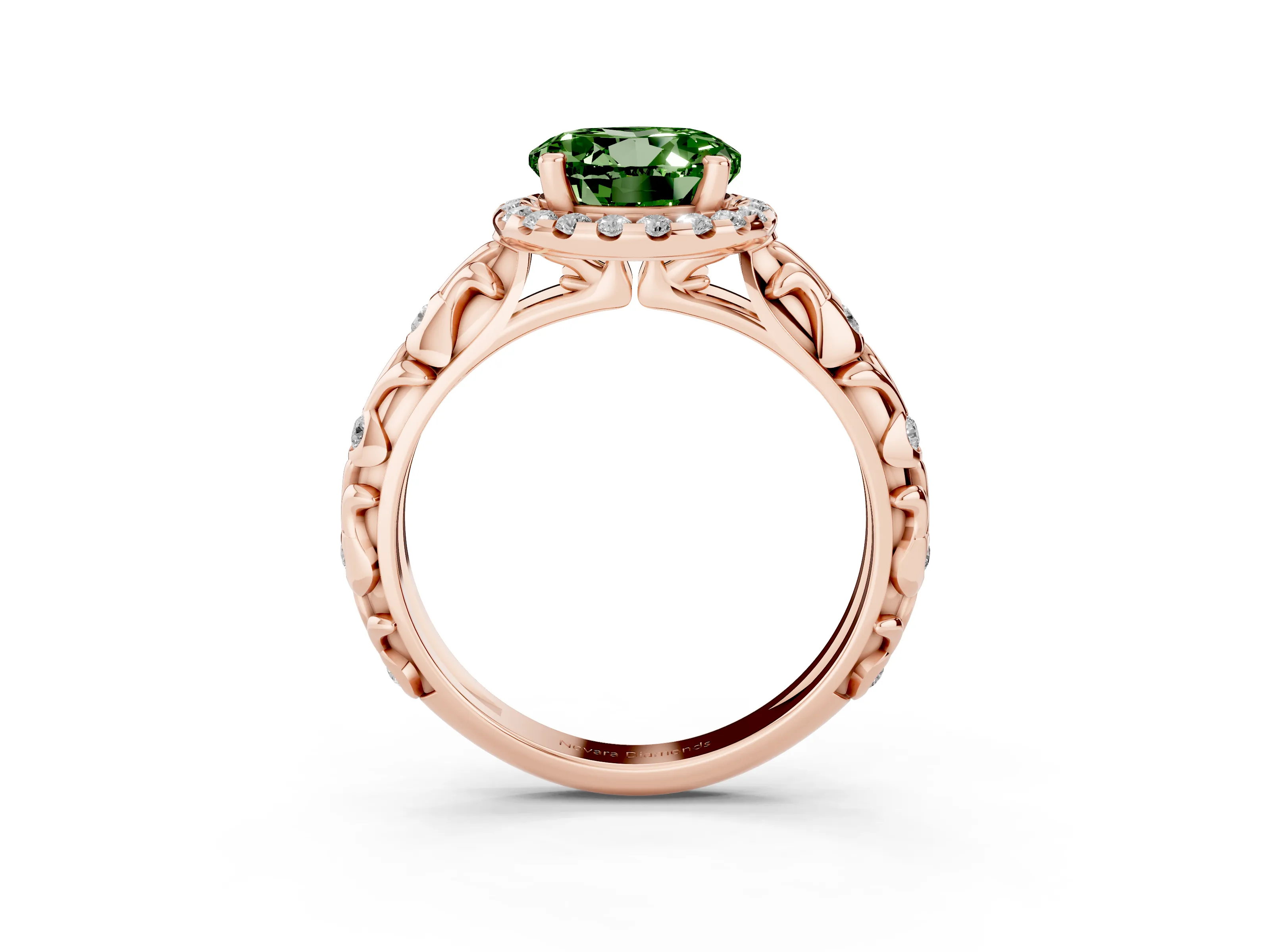 Fancy Green Round Cut Diamond Halo Ring Set in Rose gold with Filigree Leaf Band and Prong Setting
