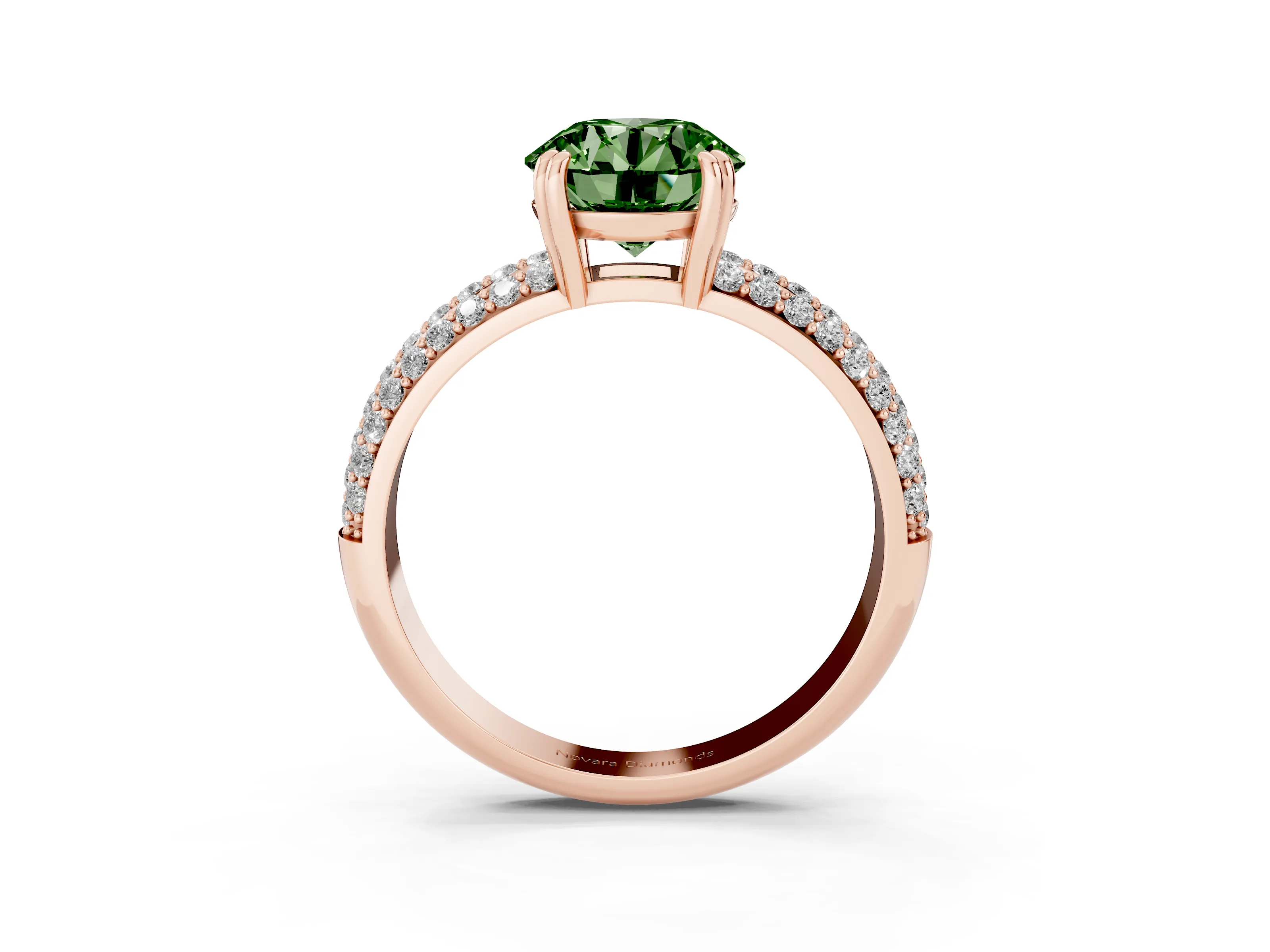 Fancy Green Round Cut Diamond Solitaire Ring Set in Rose gold with Multi-Row Round Pavé Band and Prong Setting