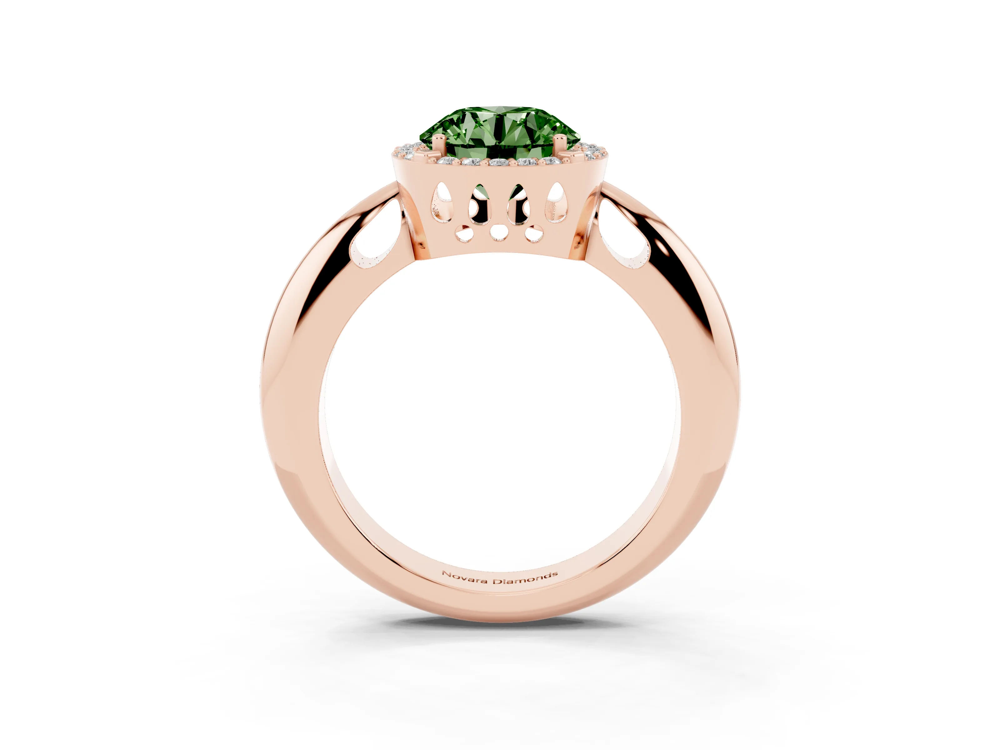 Fancy Green Round Cut Diamond Halo Engagement Ring Set in Rose gold with Plain Split Shank and Prong Setting
