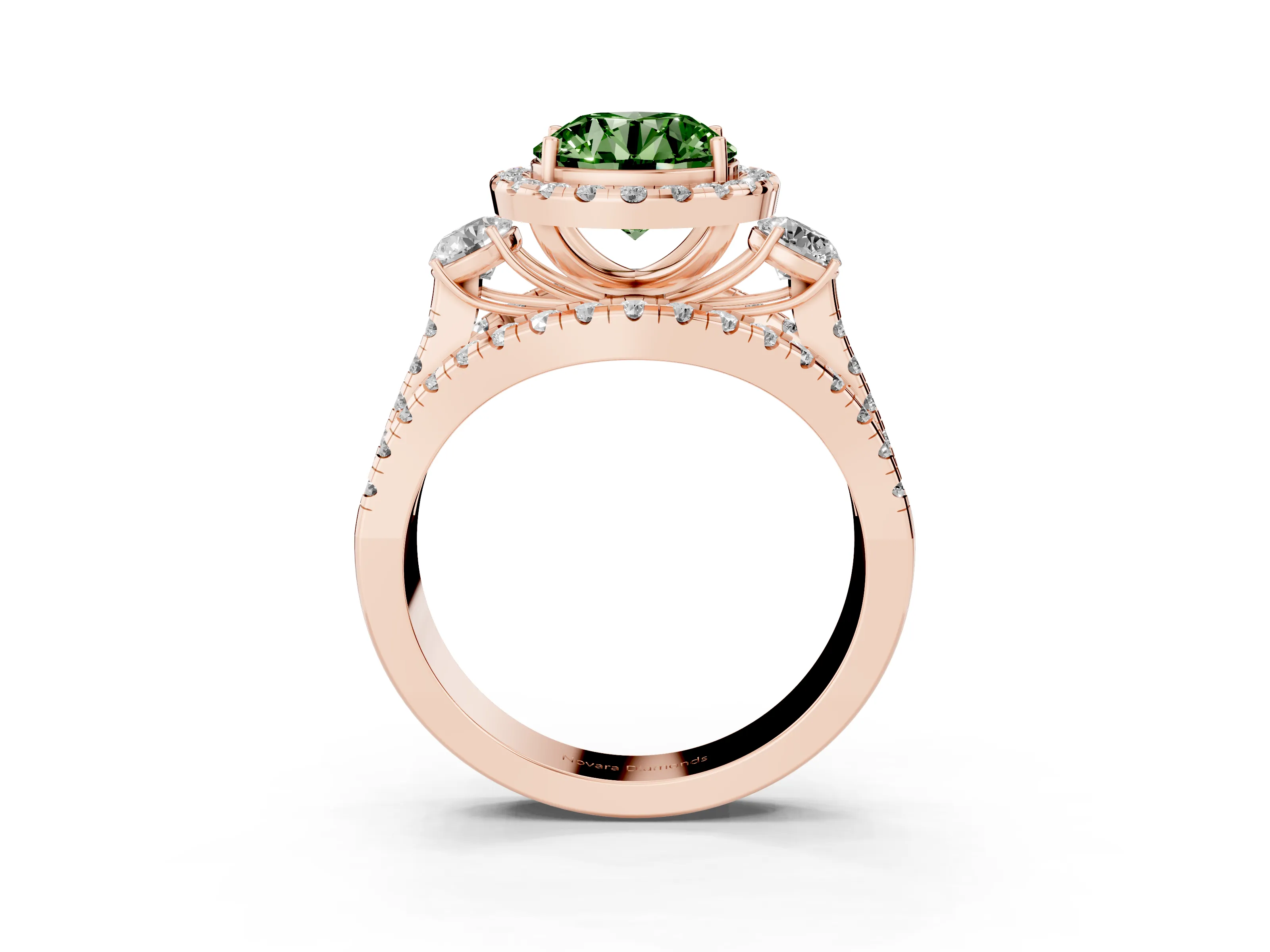Fancy Green Round Cut Diamond Halo Split Shank Ring Set in Rose gold with Round Accent Stones and Prong Setting
