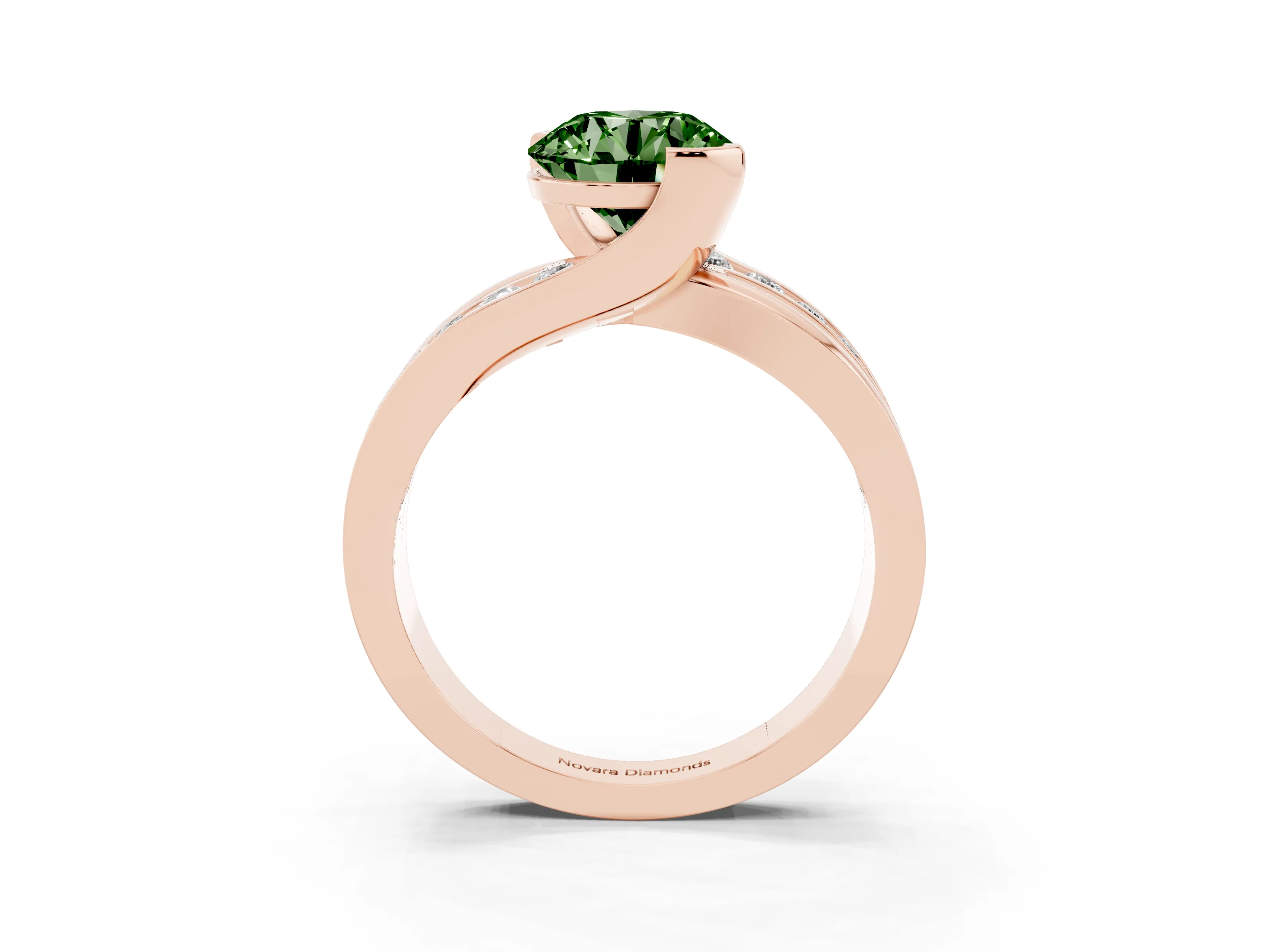 Fancy Green Round Cut Diamond Solitaire Ring Set in Rose gold with Channel Set Split Shank and Tension Prongs