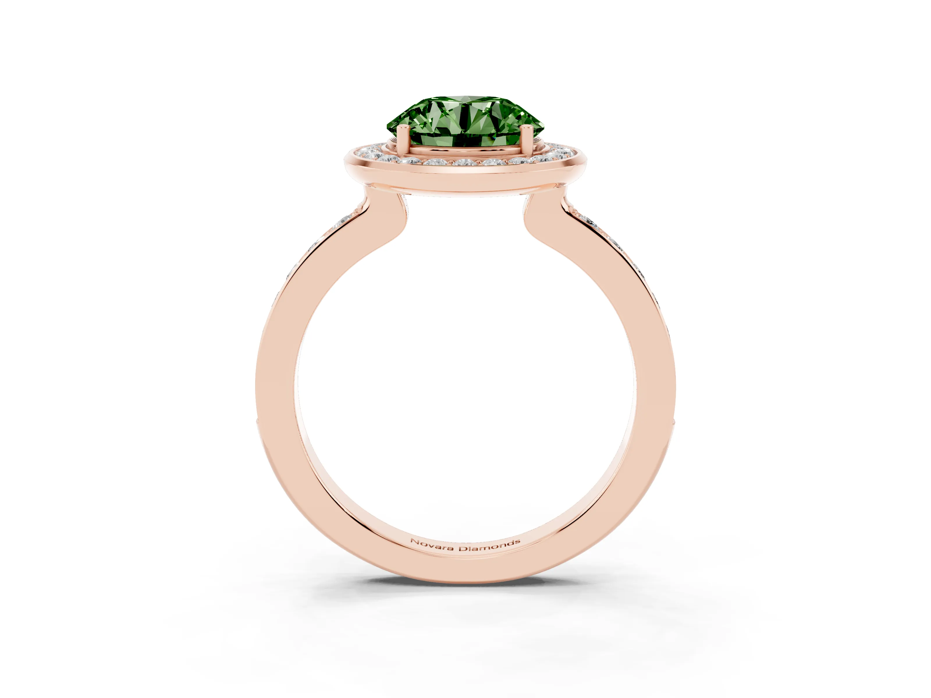 Fancy Green Round Cut Diamond Halo Ring Set in Rose gold with Bezel Frame and Pavé Band