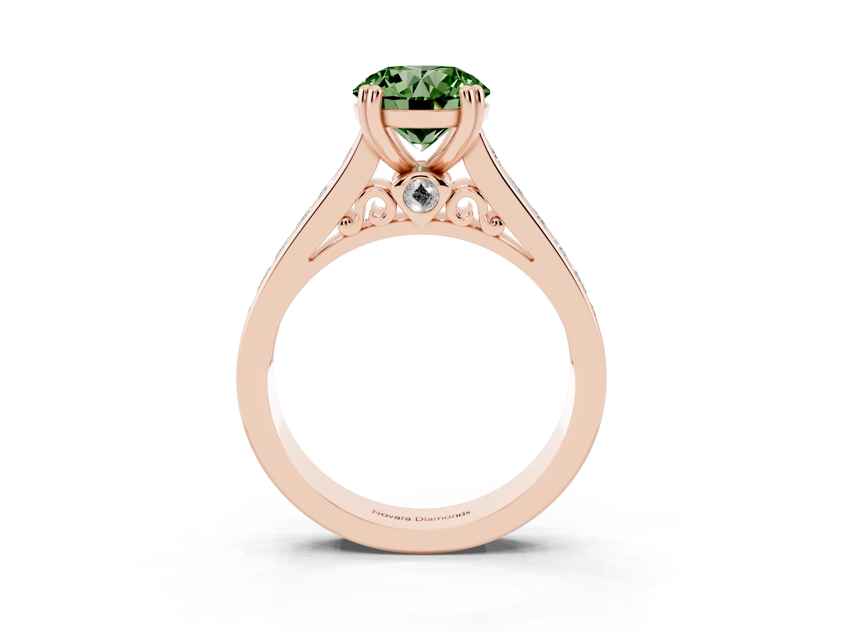 Fancy Green Round Cut Diamond Channel Set Solitaire Engagement Ring Set in Rose gold with Prong Setting