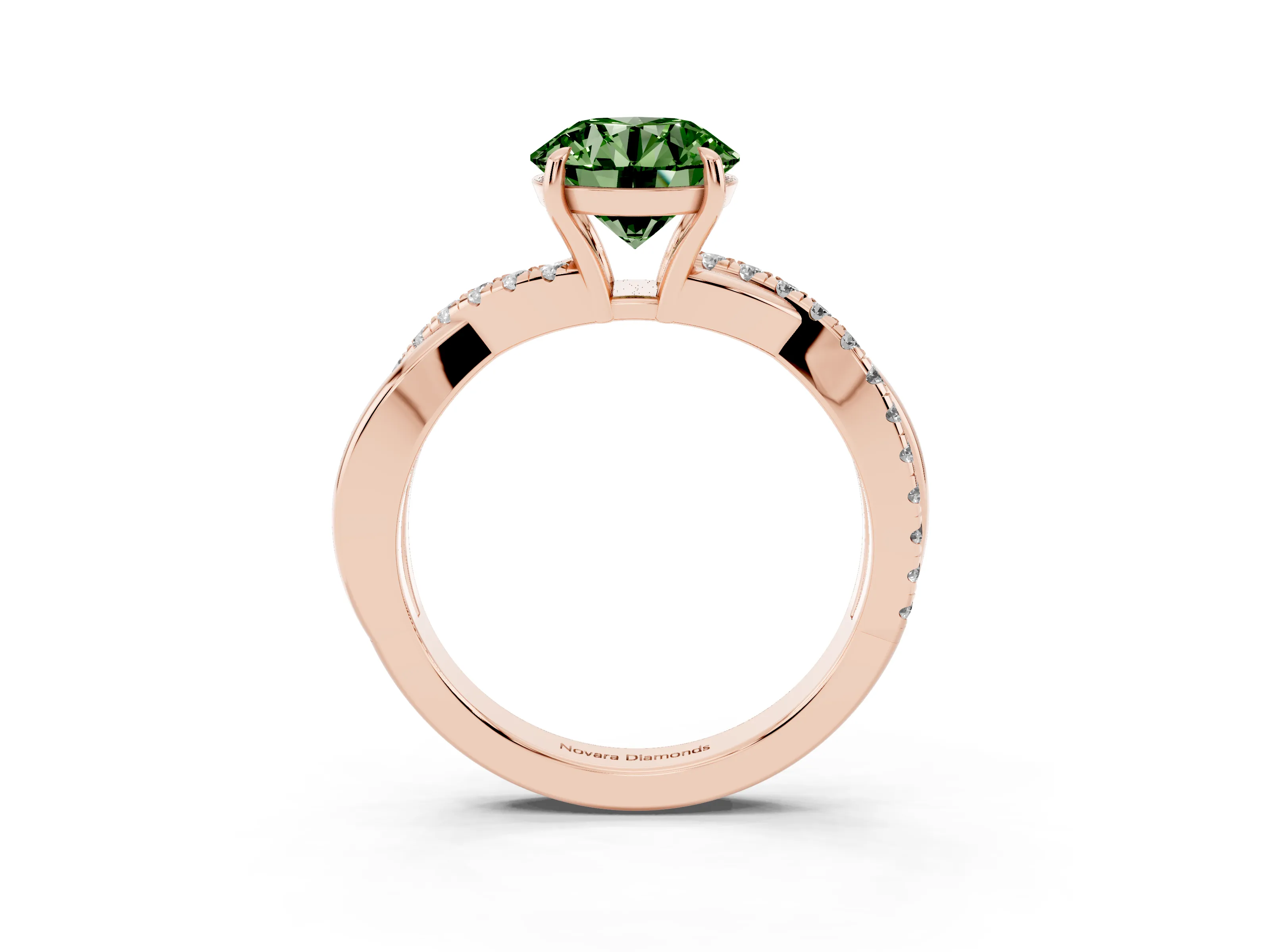 Fancy Green Round Cut Diamond Twisted Pavé Band Ring Set in Rose gold with Prong Setting