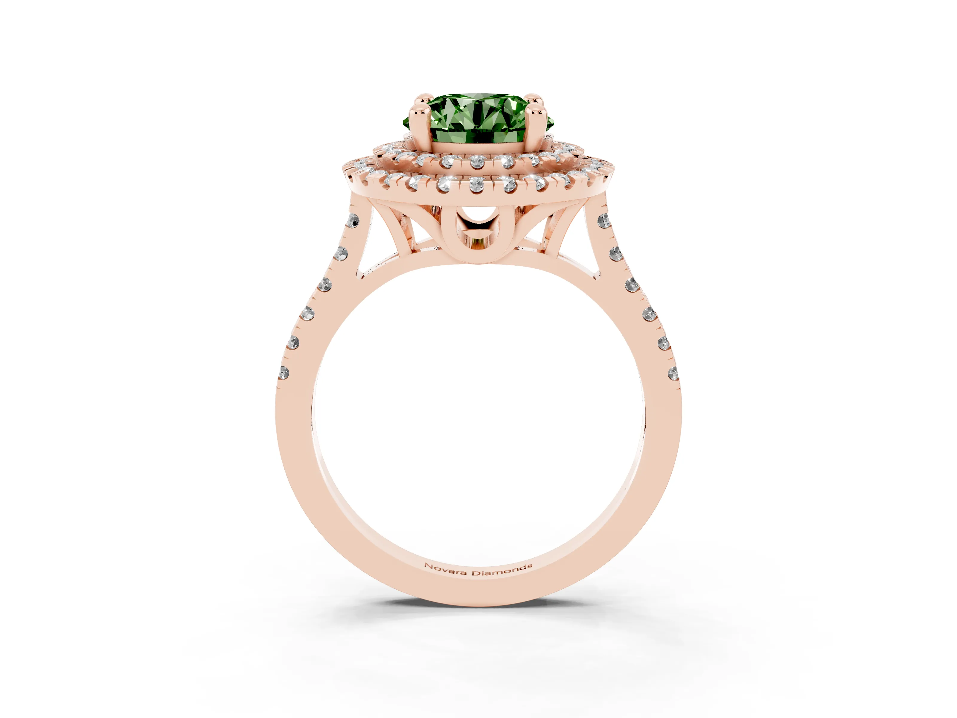 Fancy Green Round Cut Diamond Double Halo Statement Ring Set in Rose gold with Pavé Band