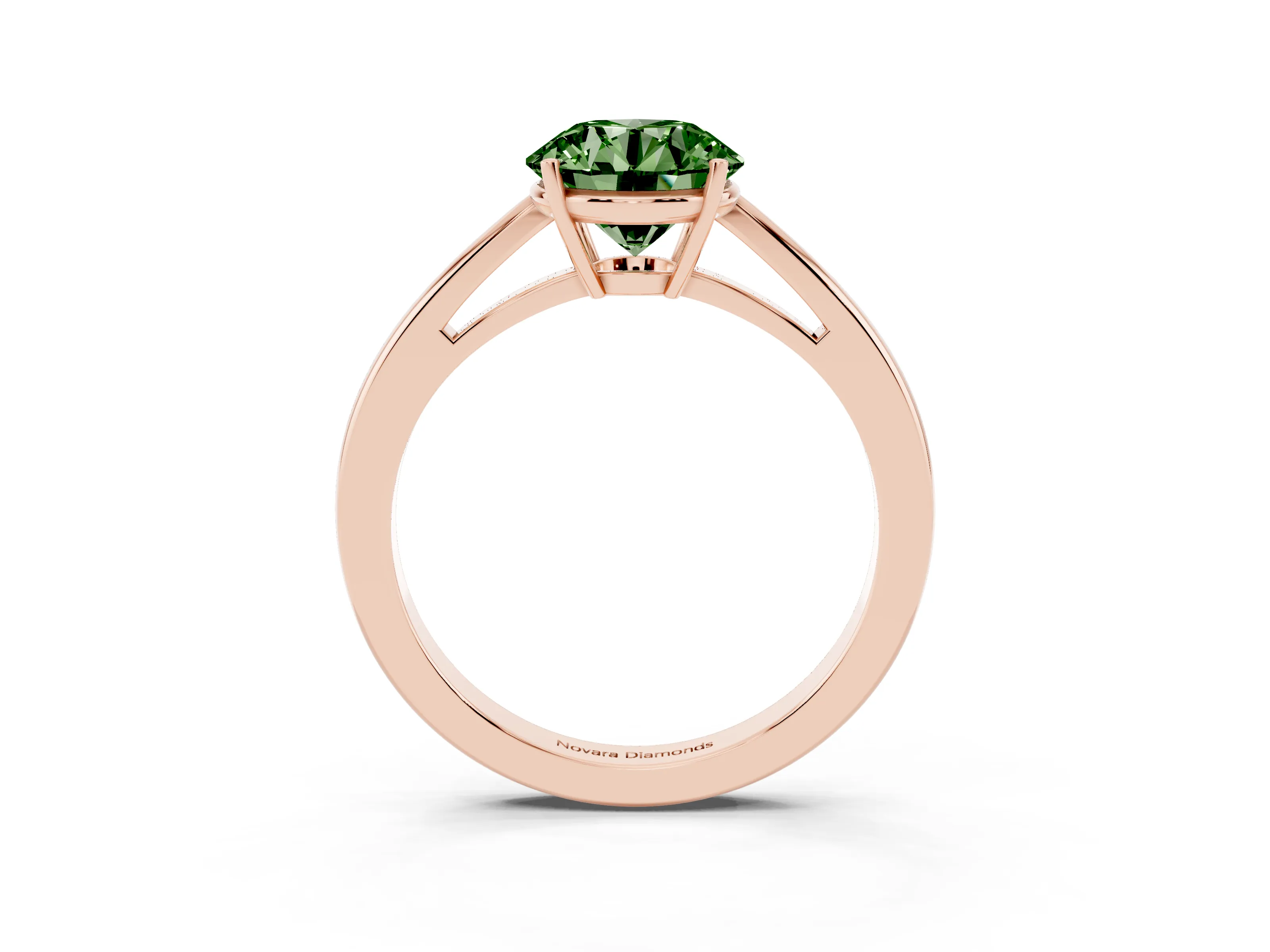 Fancy Green Round Cut Diamond Solitaire Ring Set in Rose gold with Split Shank and Prong Setting