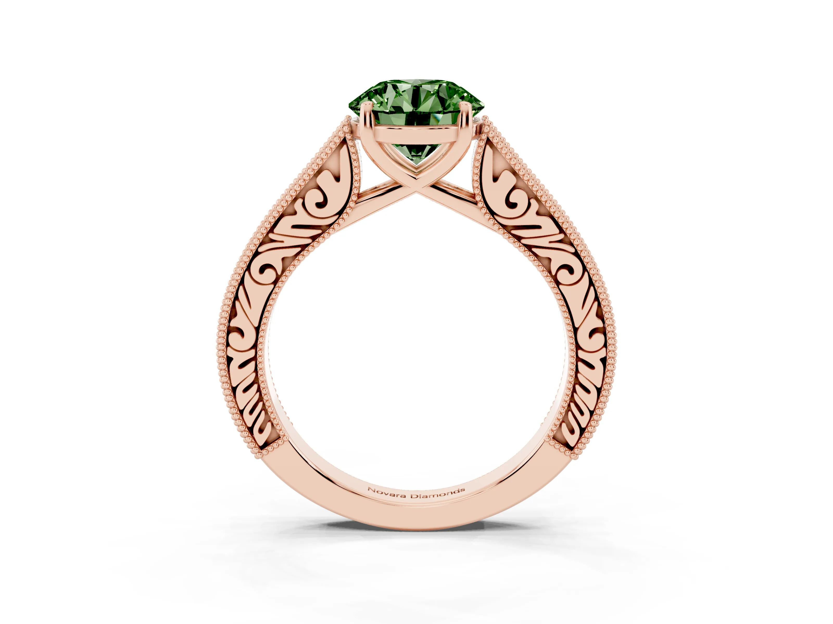 Fancy Green Round Cut Diamond Milgrain Pavé Band Solitaire Ring Set in Rose gold with Prong Setting