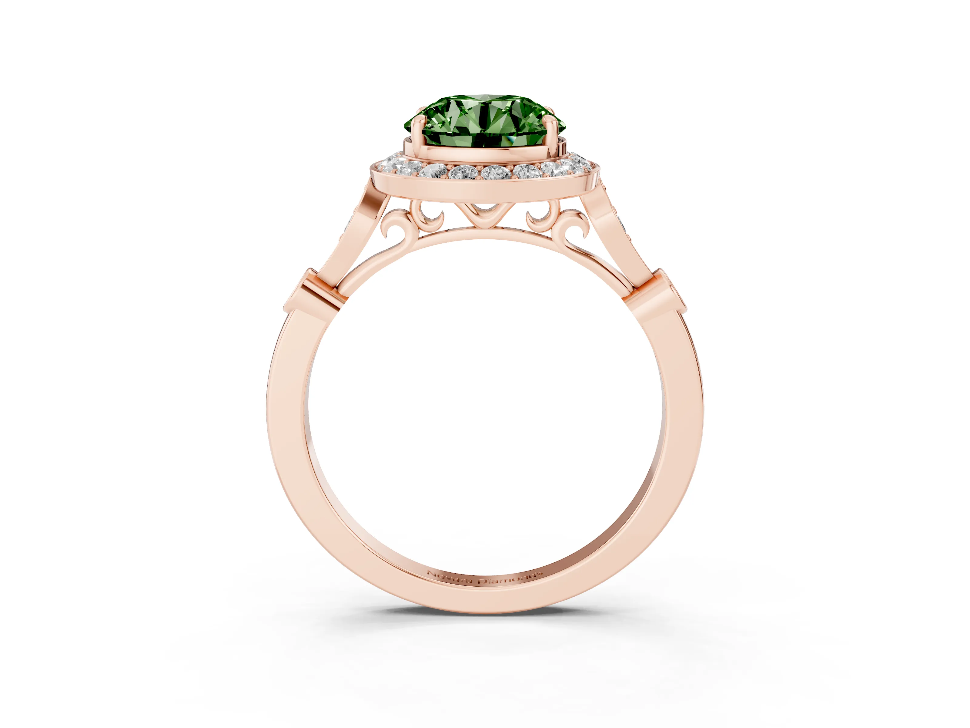 Fancy Green Round Cut Diamond Halo Engagement Ring Set in Rose gold with Twisted Band and Prong Setting