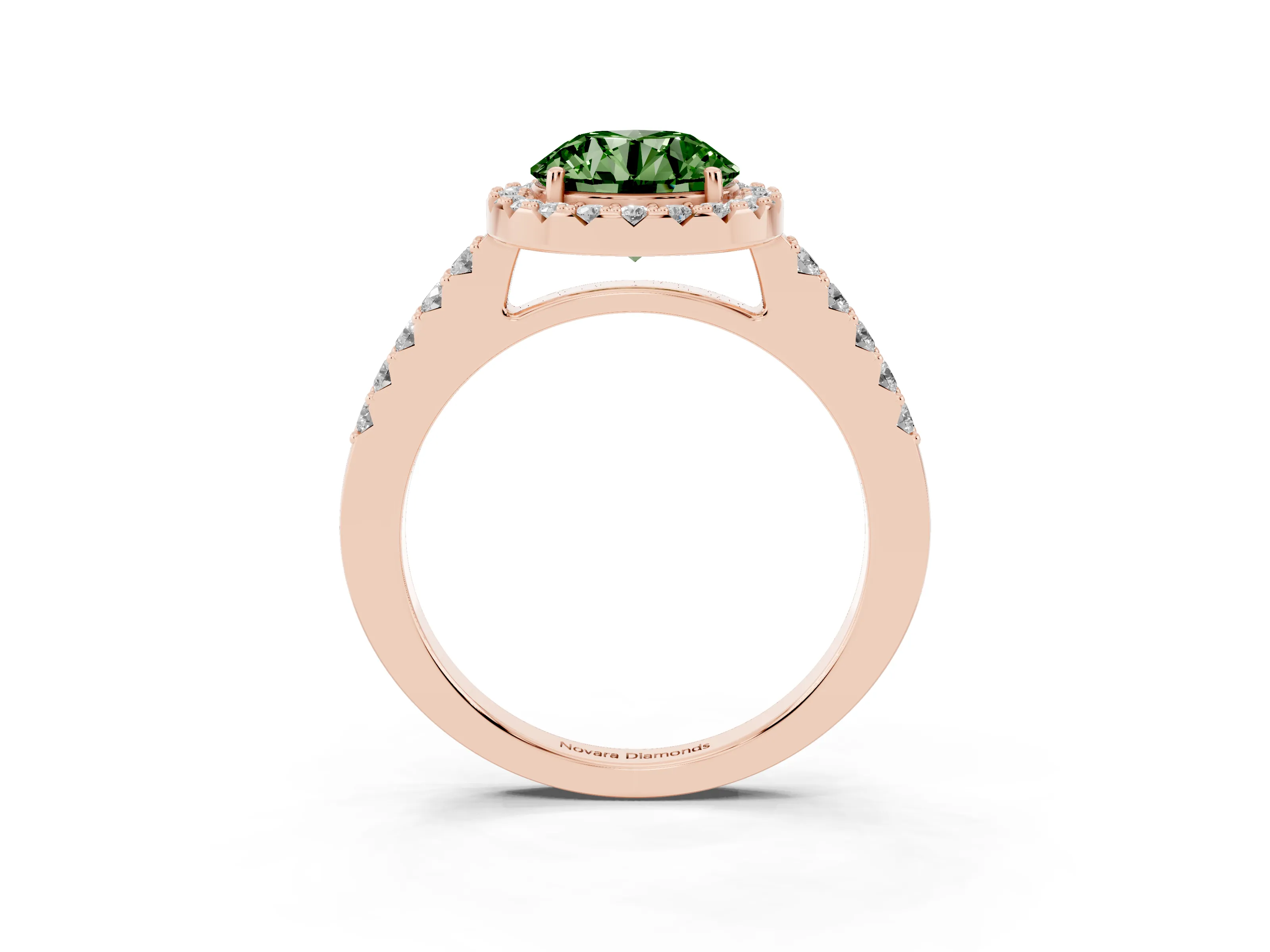 Fancy Green Round Cut Diamond Halo Pavé Solitaire Ring Set in Rose gold with Prong-Set Center Stone