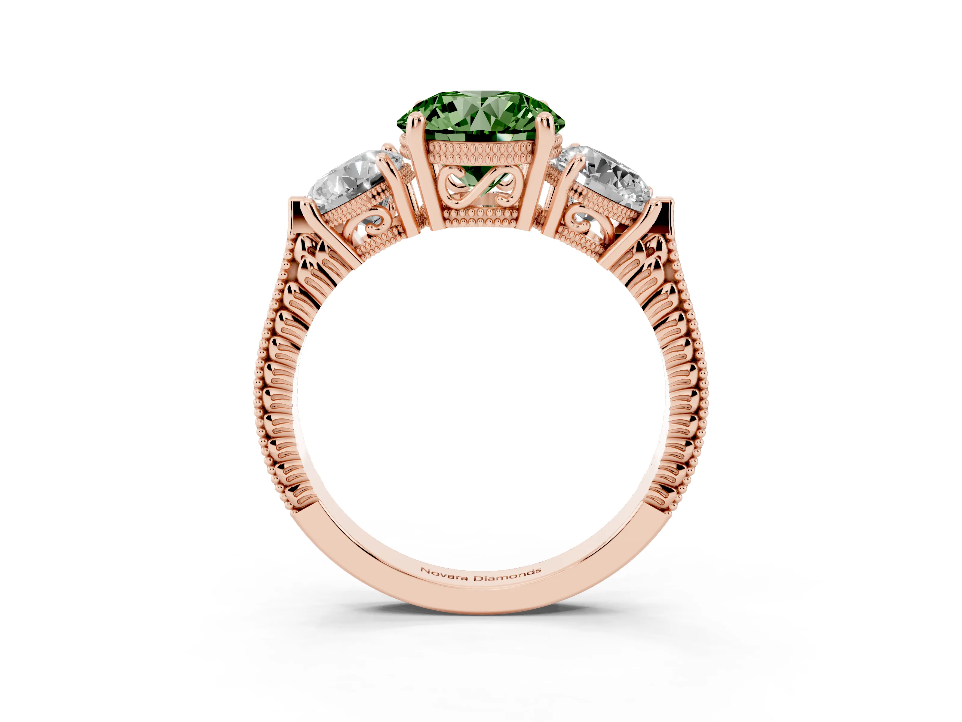 Fancy Green Round Cut Diamond Three-Stone Ring Set in Rose gold with Milgrain Band