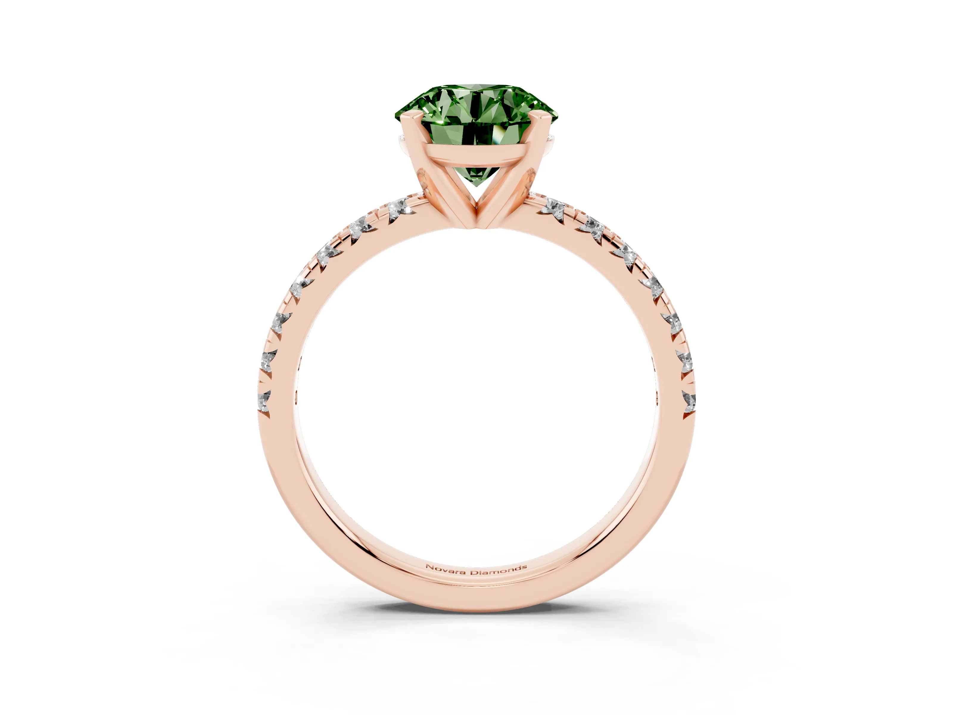 Fancy Green Round Cut Diamond Solitaire Pavé Engagement Ring Set in Rose gold with Round Band and Prong Setting