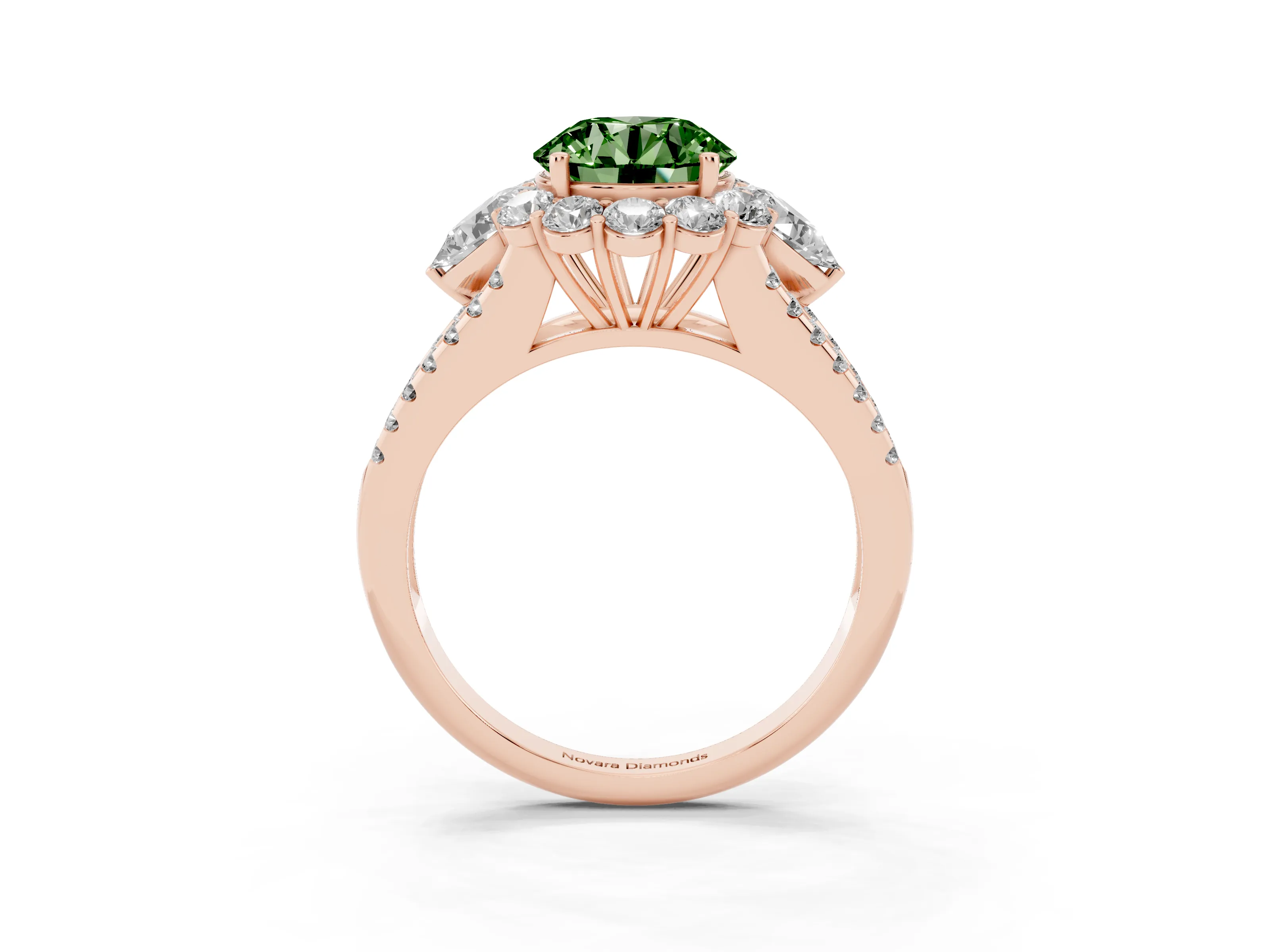 Fancy Green Round Cut Diamond Halo Split Shank Engagement Ring Set in Rose gold with Prong-Held Center Stone