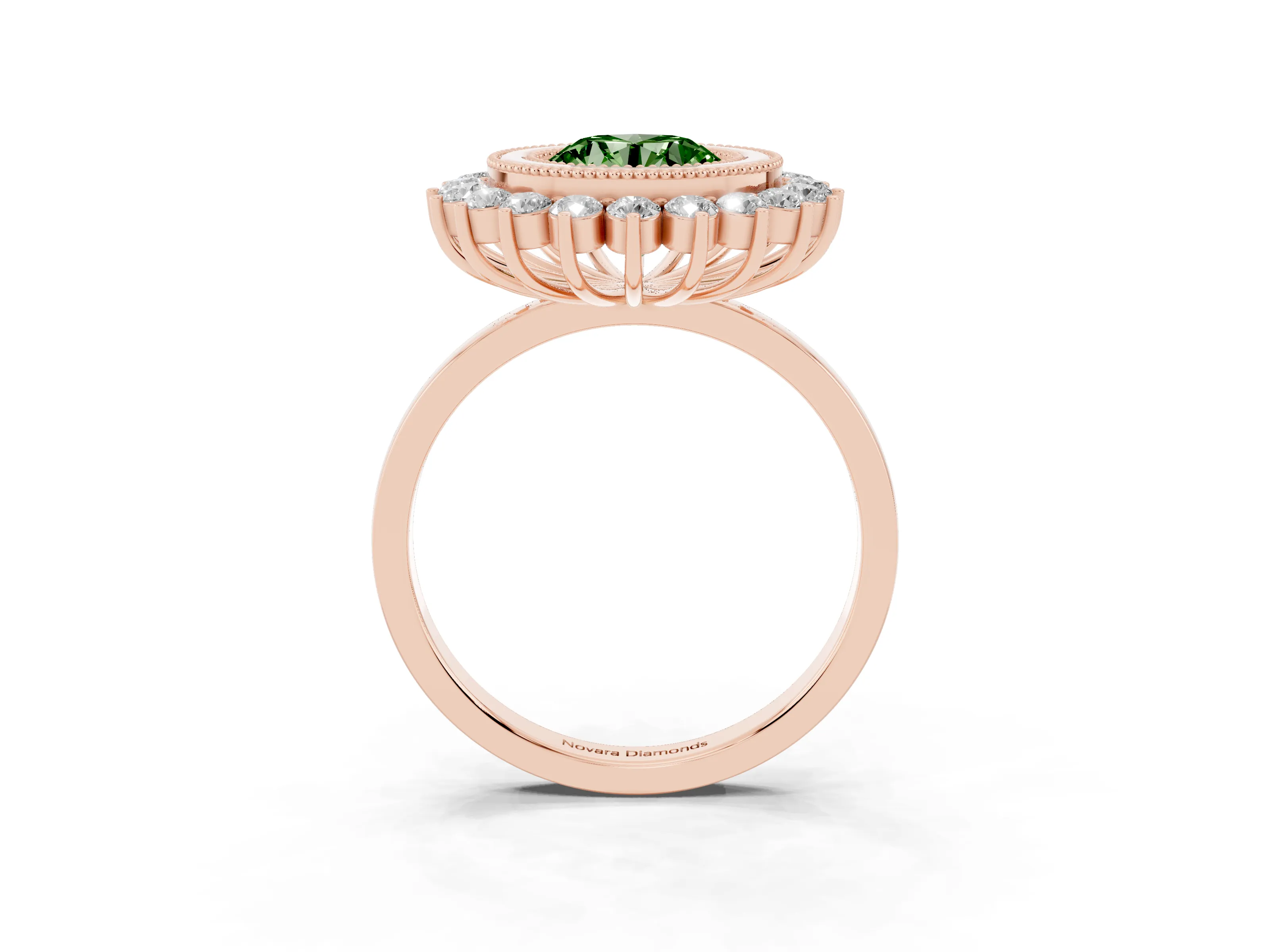 Fancy Green Round Cut Diamond Halo Ring Set in Rose gold with Milgrain Edge and Round Prong Setting