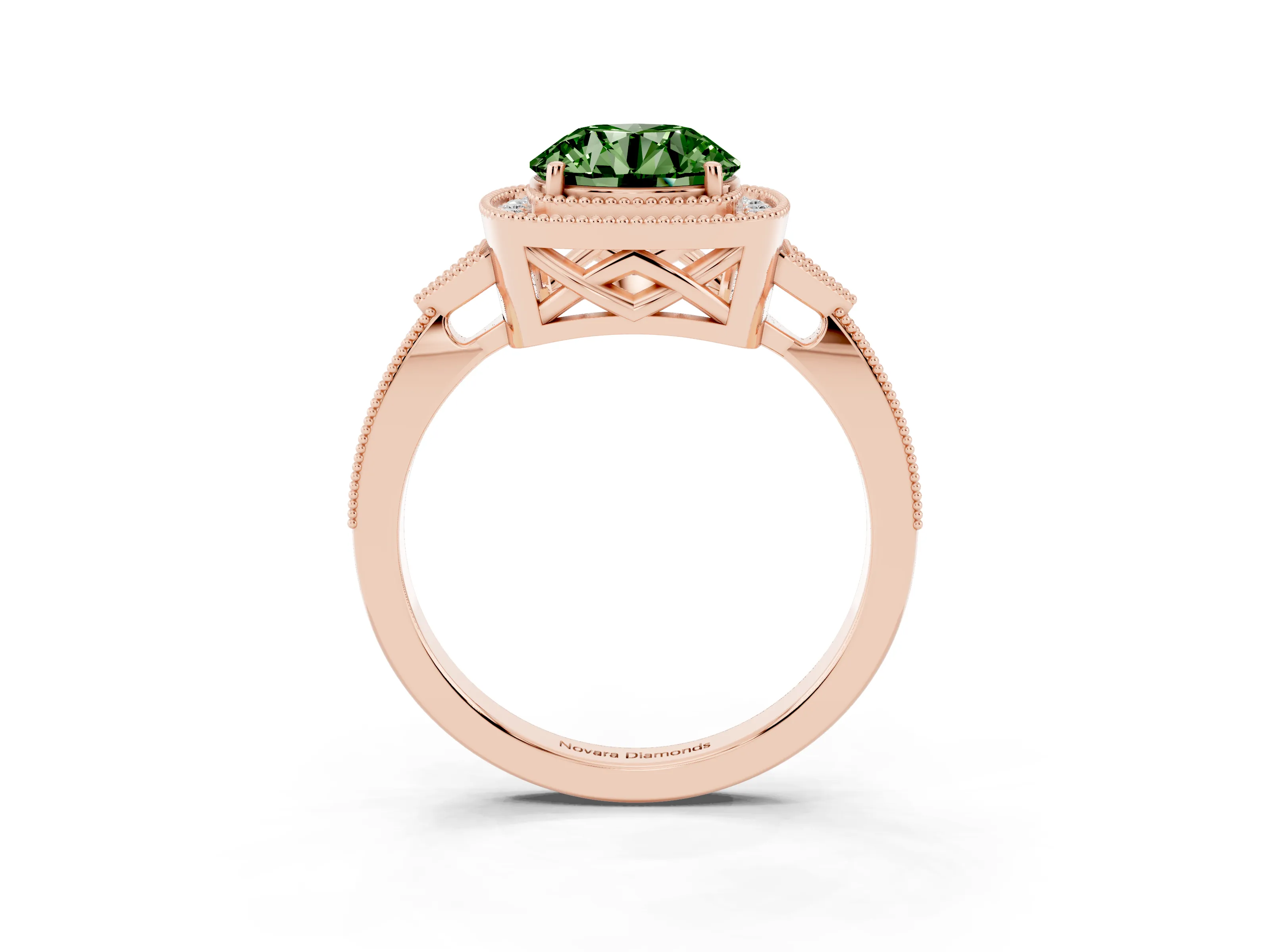 Fancy Green Round Cut Diamond Halo Engagement Ring Set in Rose gold with Milgrain Pavé Band