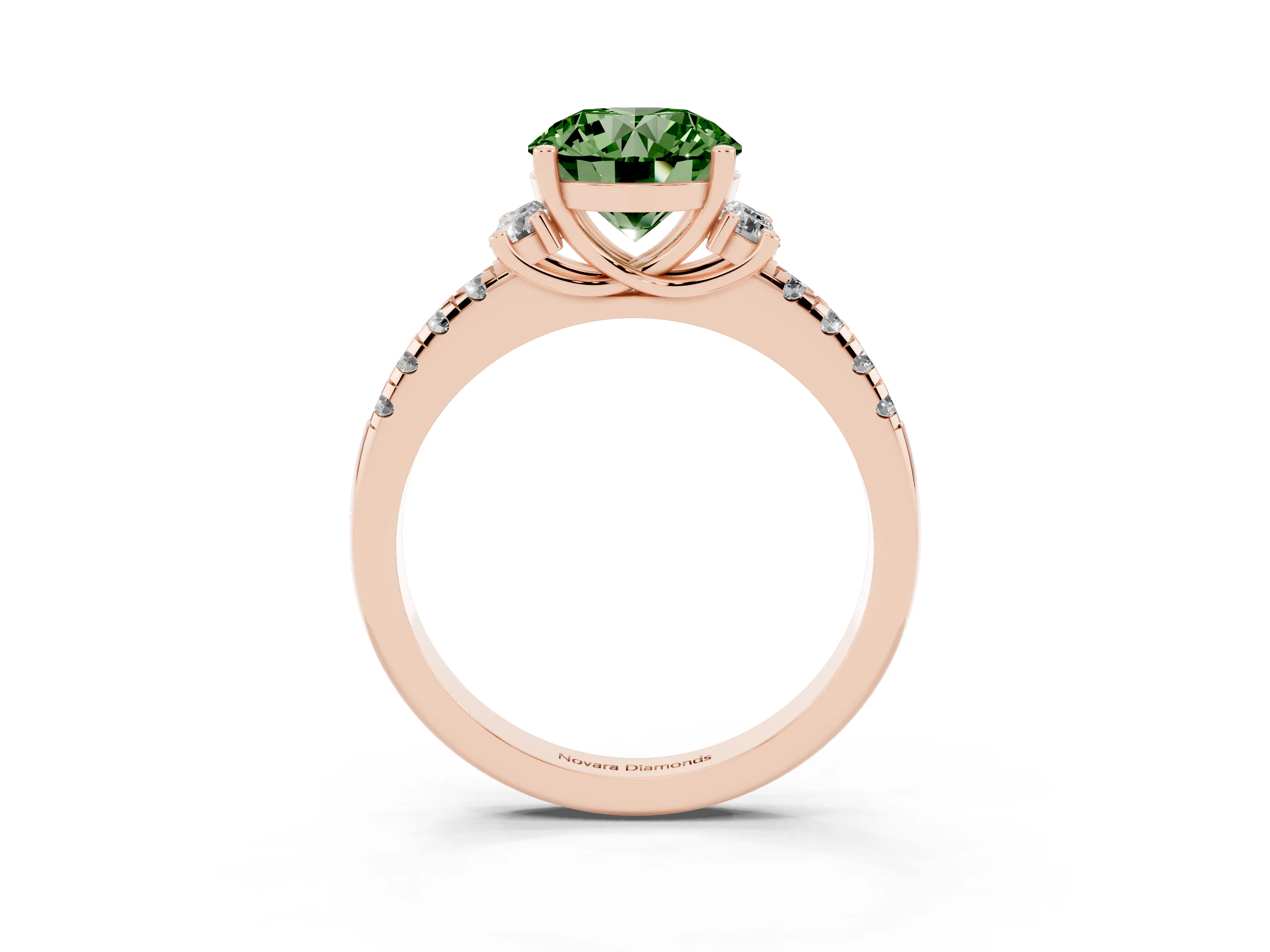 Fancy Green Round Cut Diamond Three-Stone Pavé Ring Set in Rose gold with Prong Setting