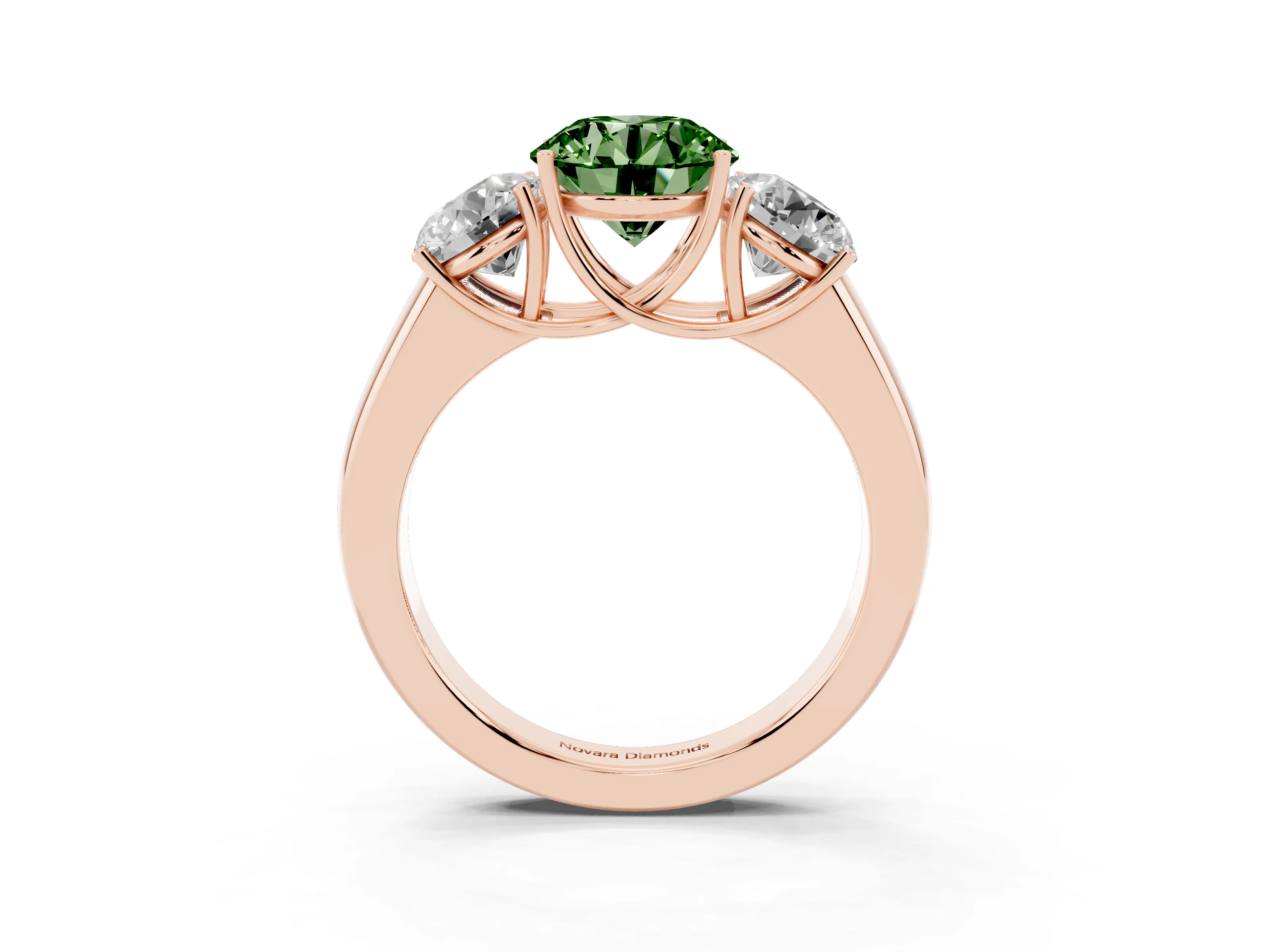Fancy Green Three-Stone Round Cut Diamond Ring Set in Rose gold with Matching Prong Settings and Plain Band