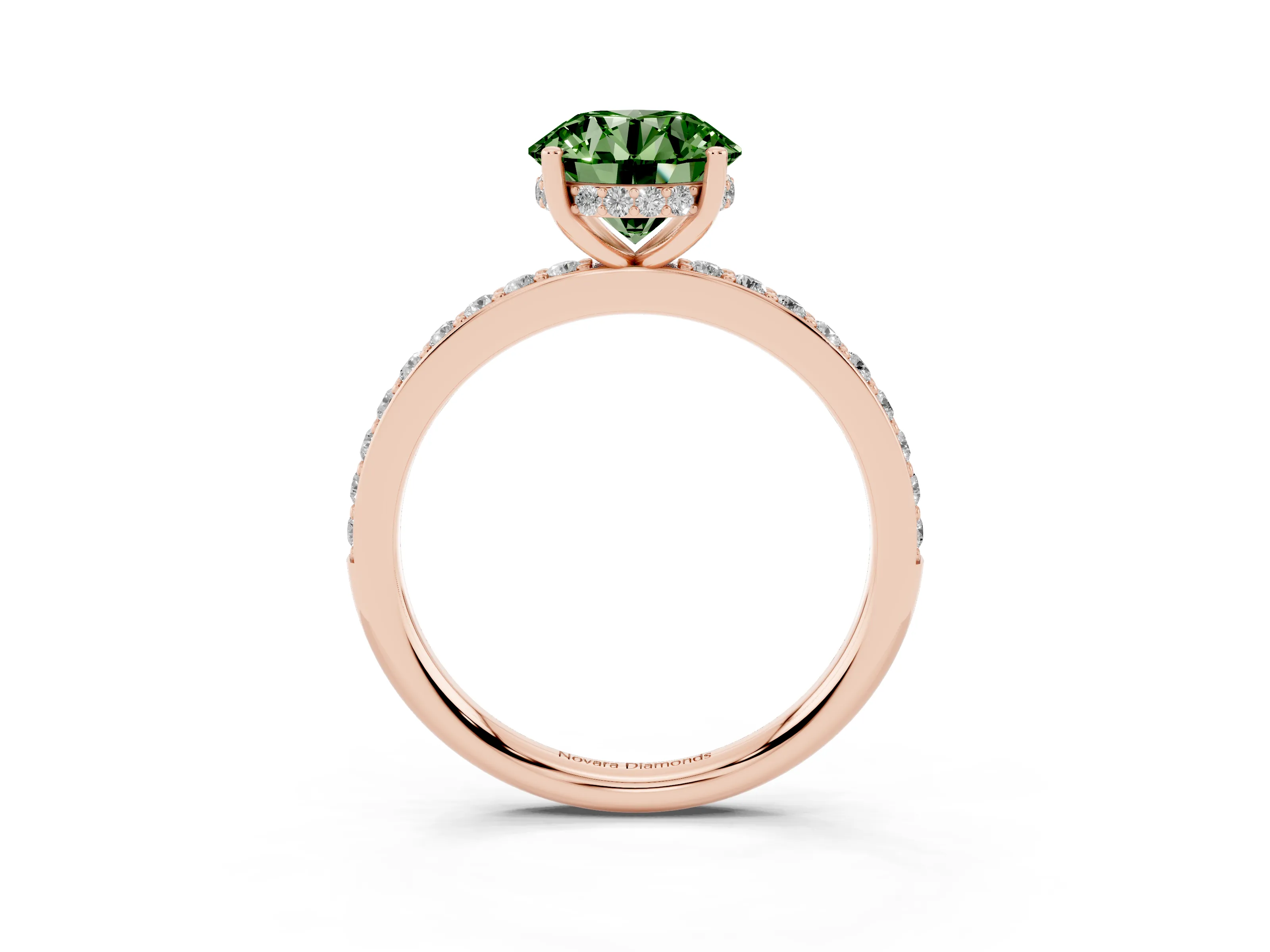 Fancy Green Round Cut Diamond Pavé Band Ring Set in Rose gold with Prong-Set Center Stone
