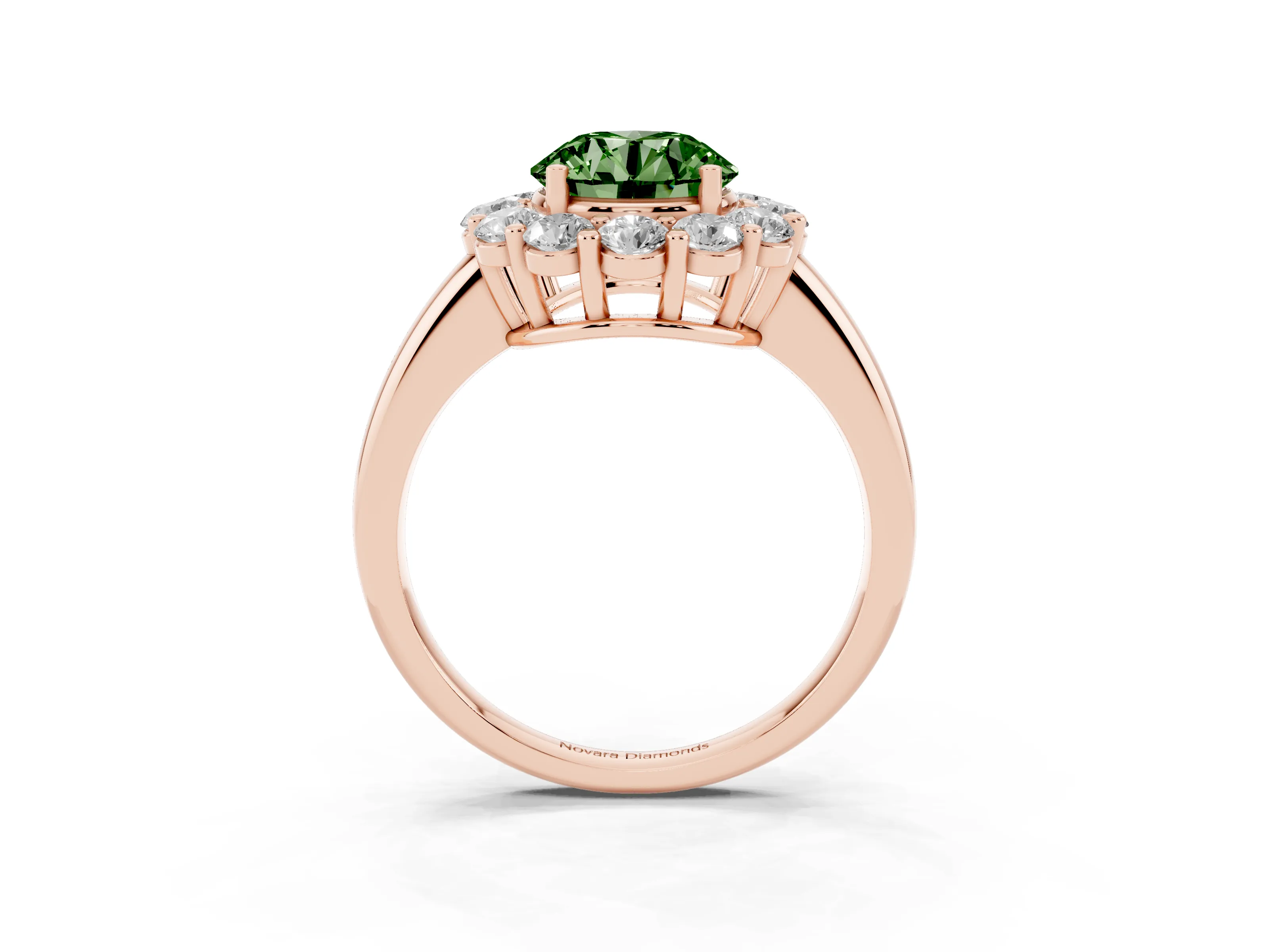 Fancy Green Round Cut Diamond Halo Cluster Engagement Ring Set in Rose gold with Polished Band and Prong Setting