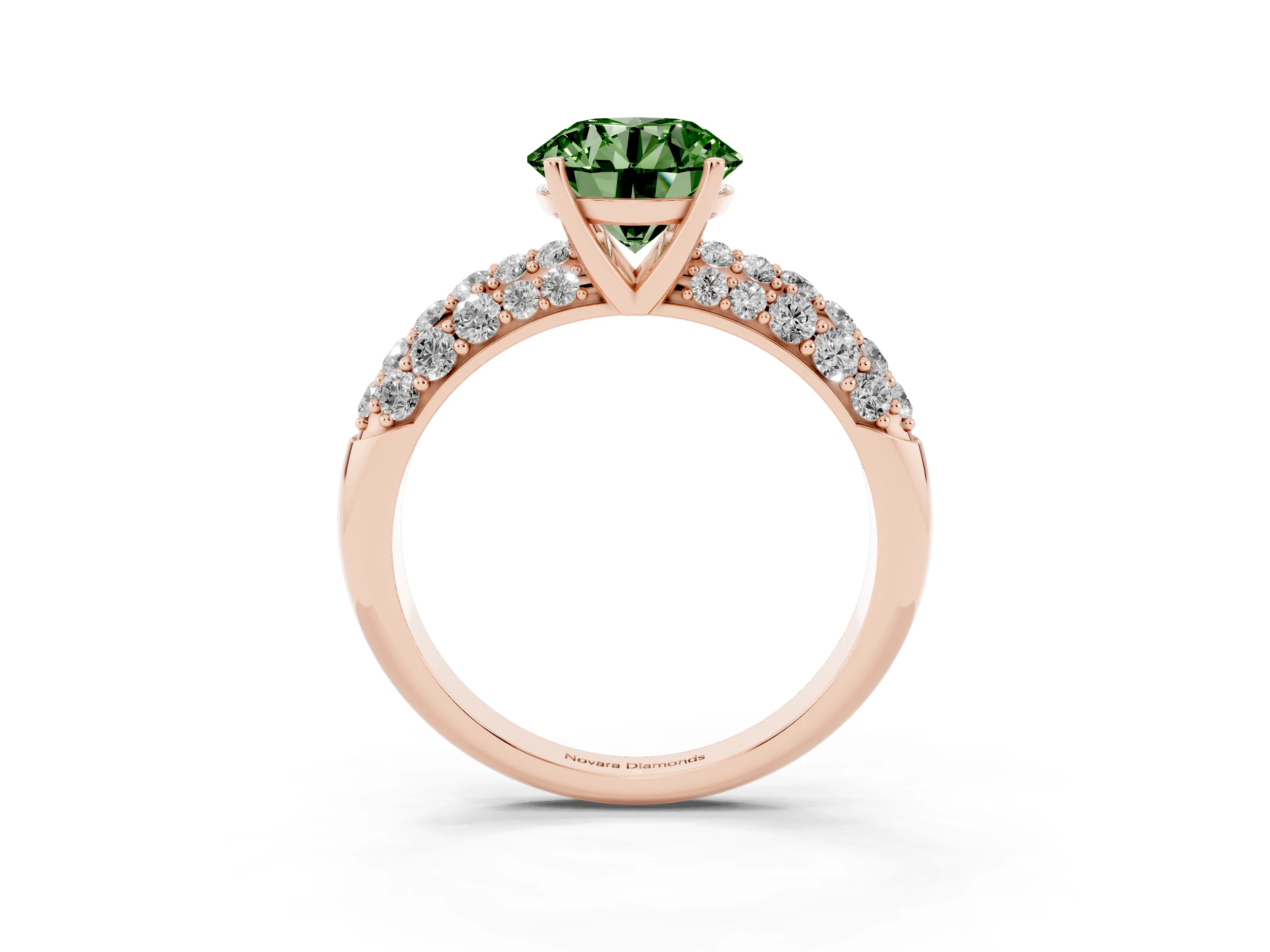 Fancy Green Round Cut Diamond Pavé Band Solitaire Ring Set in Rose gold with Close-Set Accent Stones and Prong Setting