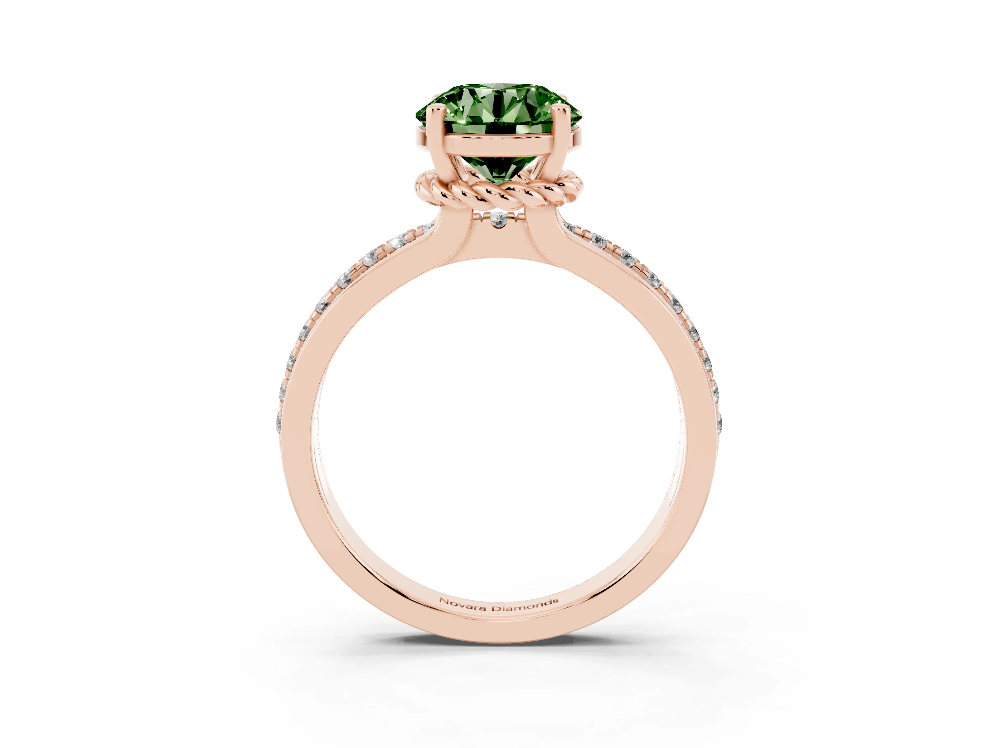 Fancy Green Round Cut Diamond Solitaire Ring Set in Rose gold with Channel Set Band and Prong Setting