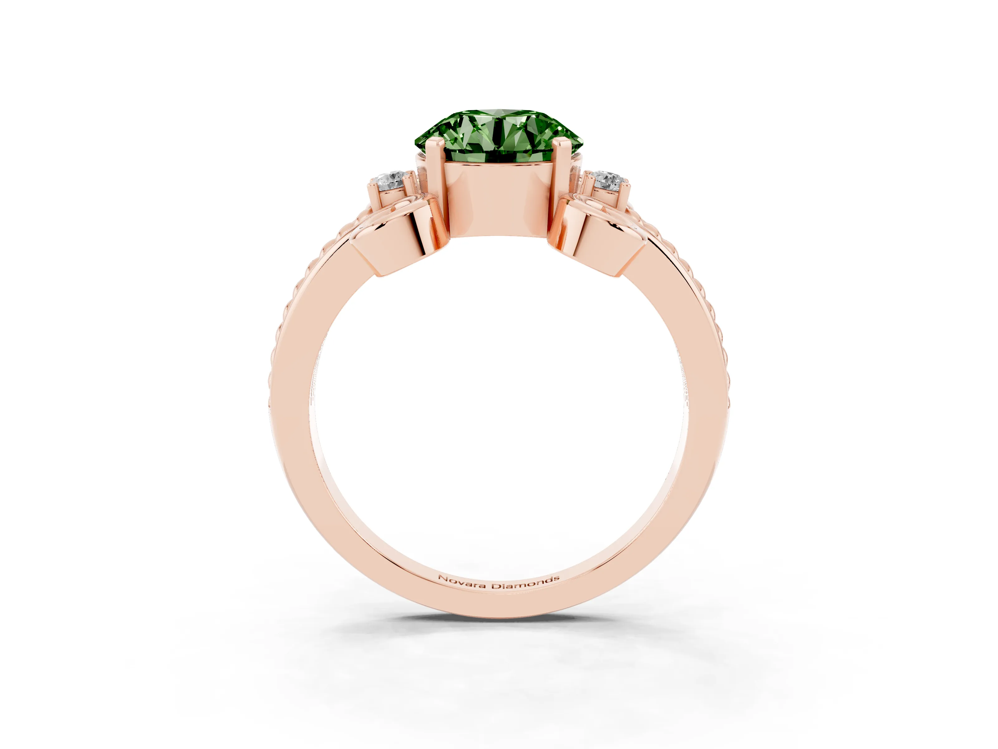 Fancy Green Round Cut Diamond Twisted Band Solitaire Ring Set in Rose gold with Scroll Prongs