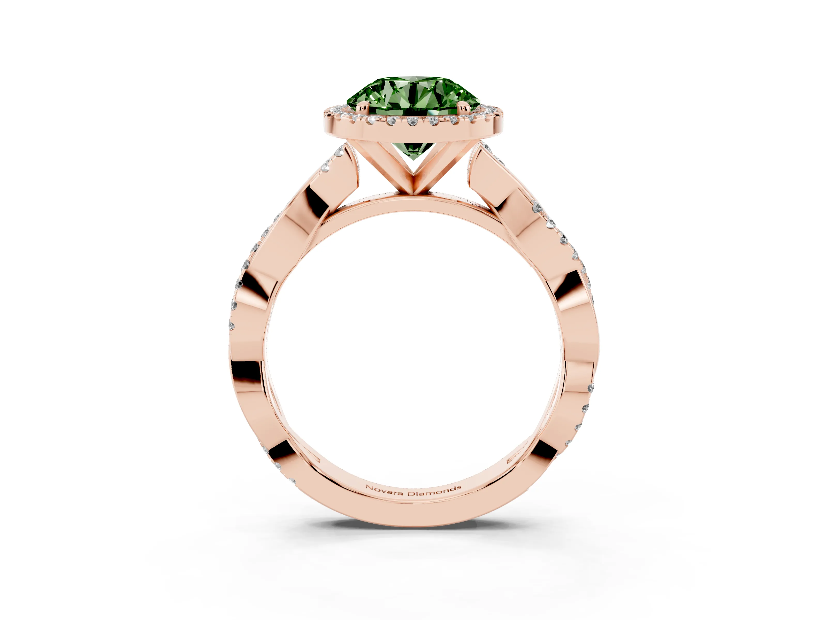 Fancy Green Round Cut Diamond Halo Twisted Band Ring Set in Rose gold with Prong Setting