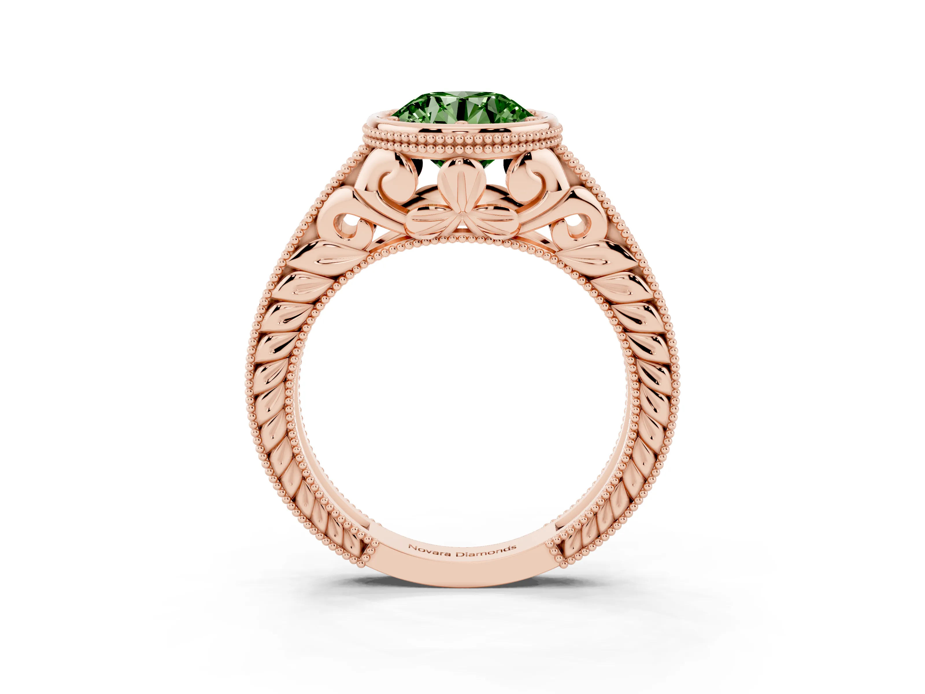 Fancy Green Bezel Set Round Cut Diamond Milgrain Pavé Engagement Ring Set in Rose gold